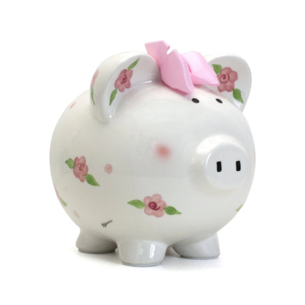 Child To Cherish Posies & Polka Dots Piggy Bank - Cute Ceramic Money Bank for Kids Savings, Perfect Gift for Birthdays & Financial Education | Home Decor & Kids Room Organizer