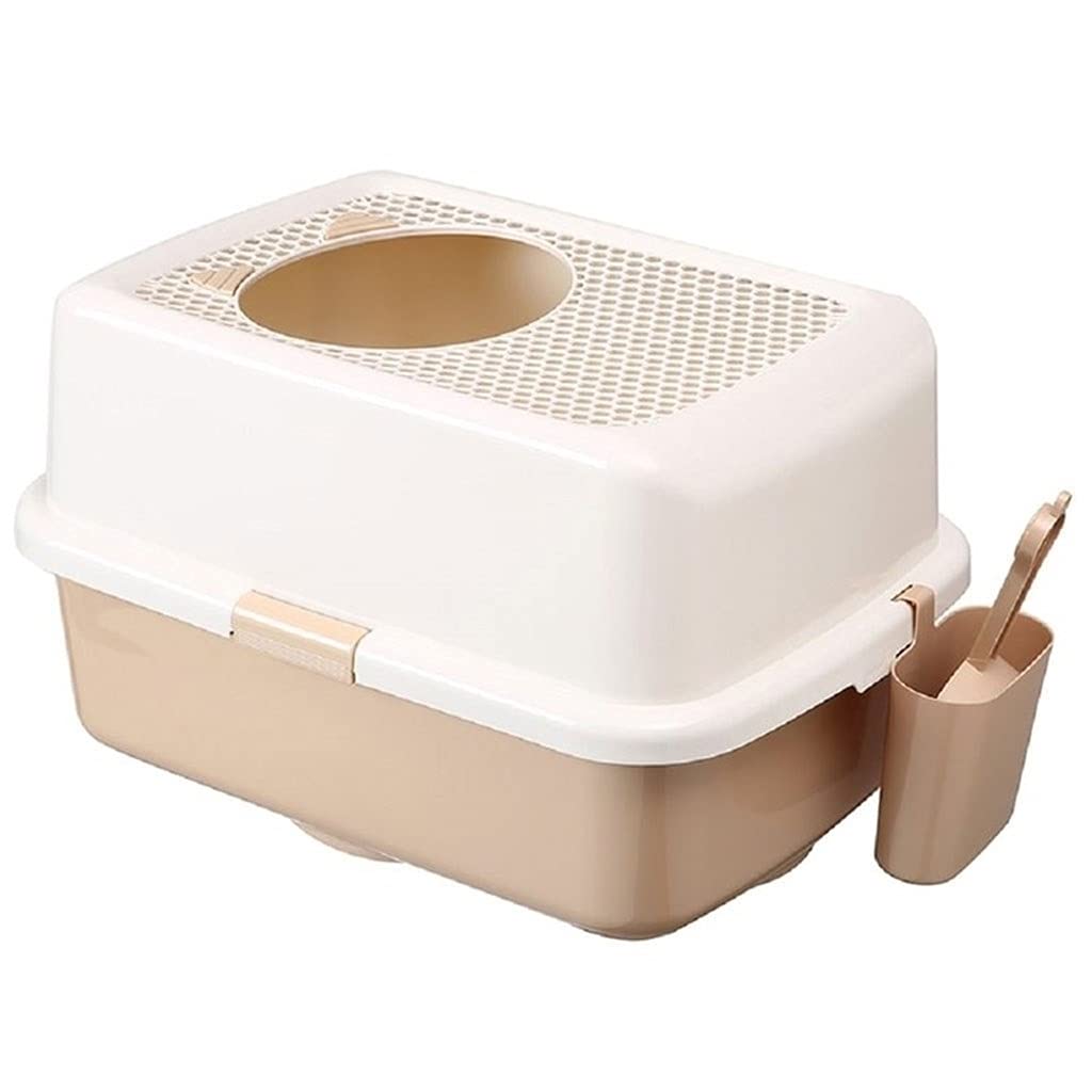 Top Entry Cat Litter Box - Semi-Enclosed Large Space Cat Toilet with Splash Proof Design - White & Brown Pet Restroom for Indoor Cats - Perfect for Small Apartments & Multi-Cat Households