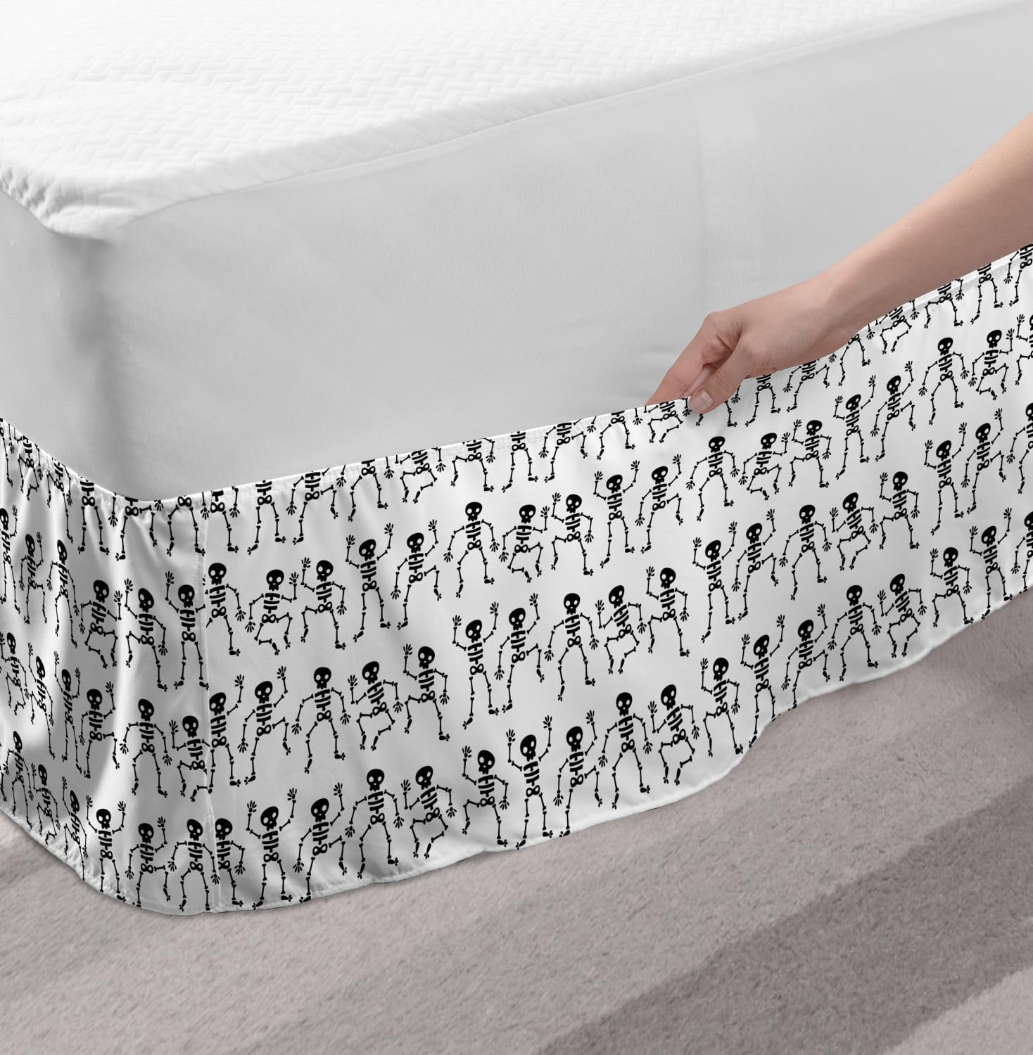 Ambesonne Funny Dancing Skeletons Bed Skirt - Whimsical Bone Pattern Wrap Around Elastic Bedskirt with Gathered Design, King Size, Charcoal Grey & White - Perfect for Halloween Decor, Gothic Bedroom Theme or Unique Home Decor