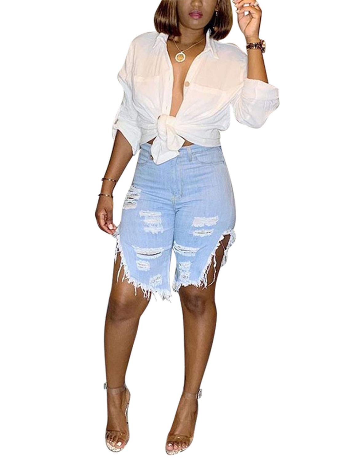 SIAEAMRG Women's High Waisted Stretchy Denim Shorts - Summer Casual Jean Shorts with Frayed Raw Hem for Teen Girls | Perfect for Beach, Shopping & Outdoor Activities