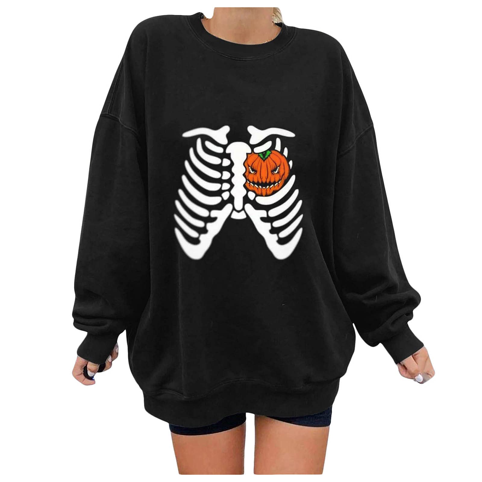 FMCHICO Women's Oversized Halloween Sweatshirt - Cozy Crewneck Long Sleeve Pullover for Casual Wear, Loose Fit T-Shirt | Perfect for Fall Outfits, Pumpkin Patch Visits & Spooky Season Comfort