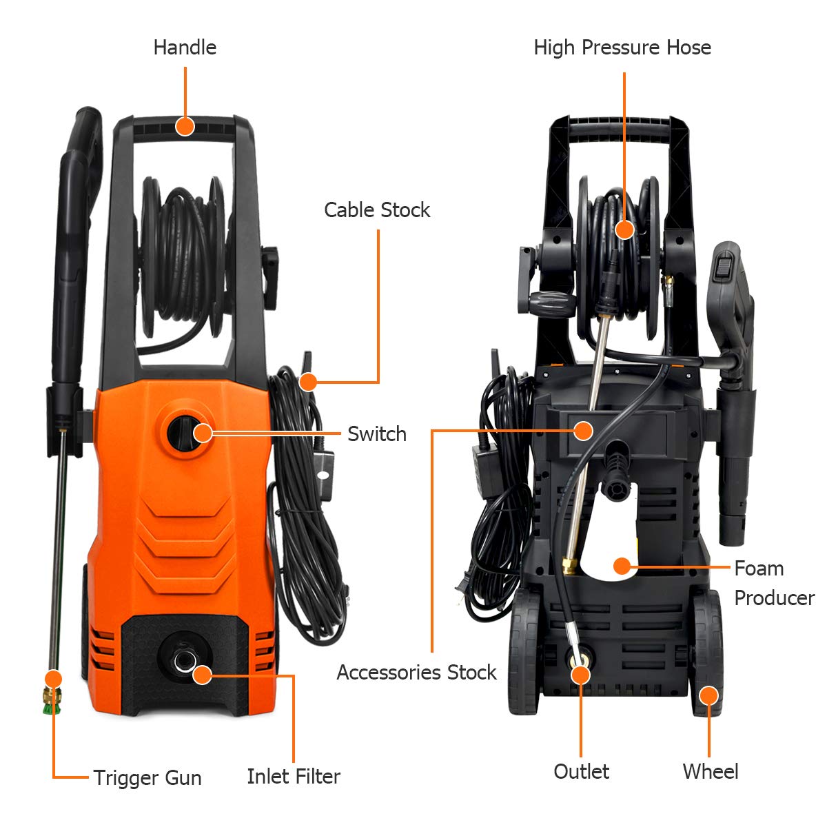 Goplus 3500PSI 2.6GPM Electric Pressure Washer - 1800W High Power Portable Pressure Cleaner with 4 Nozzles for Car, Fence, Patio, Driveway, Deck & Garden Cleaning (Orange) - Perfect for Home, RV and Outdoor Surface Deep Cleaning