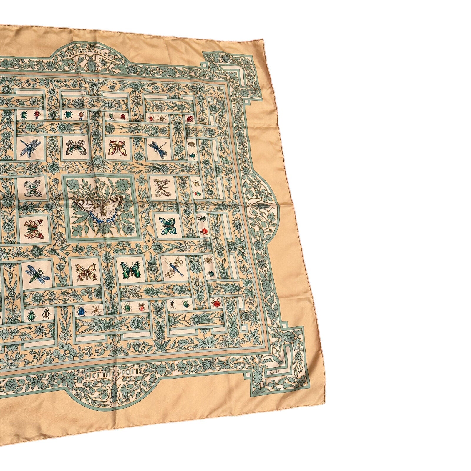 Authentic Hermes Carre Joyaux de L'ete Jacquelot 90cm Tan Silk Scarf - Luxury Fashion Accessory for Women, Perfect for Parties & Special Occasions
