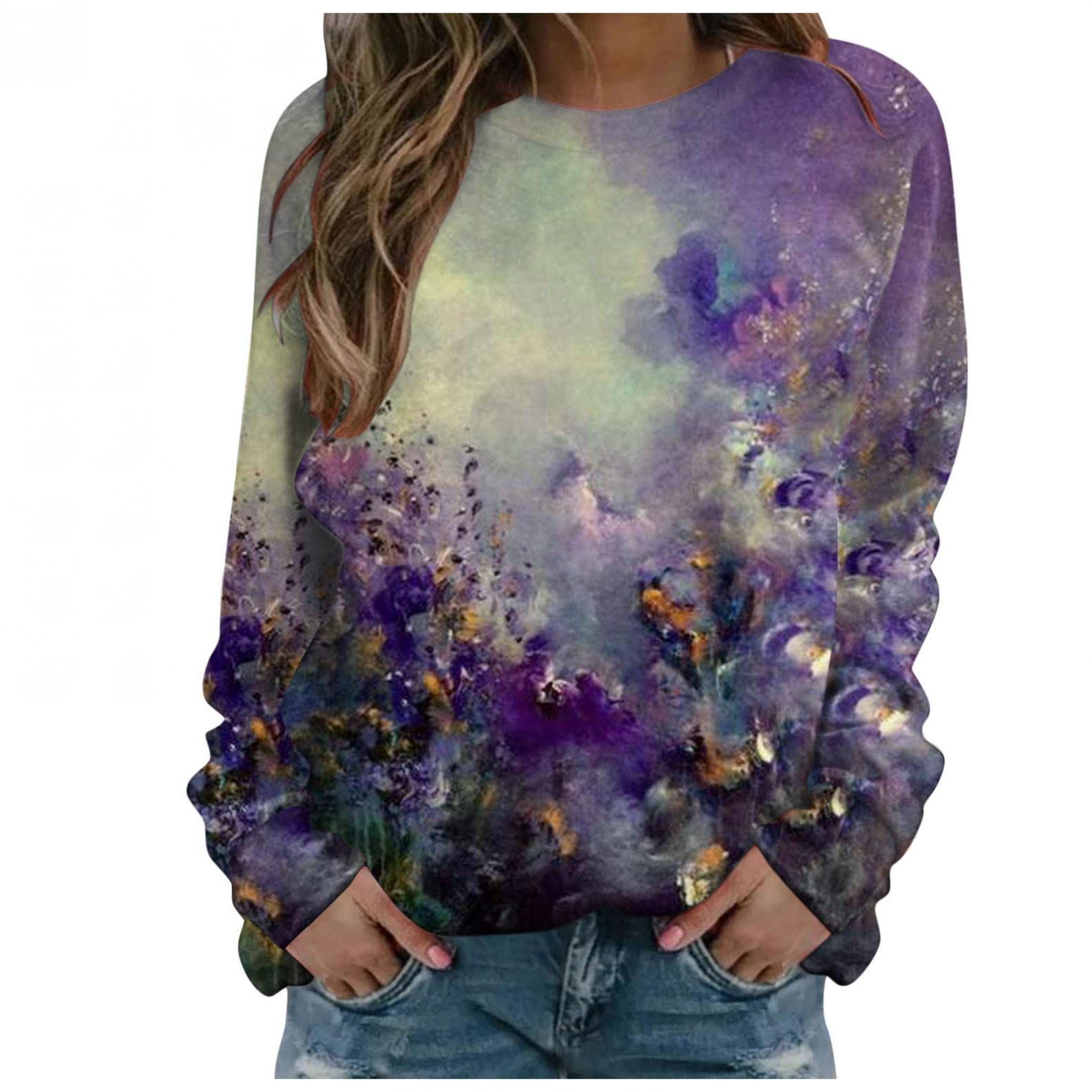 Fekuit Women's Tie-Dye Long Sleeve T-Shirt - Casual Loose Pullover Sweatshirt Blouse for Everyday Wear | Perfect for Fall, Winter & Layering Outfits