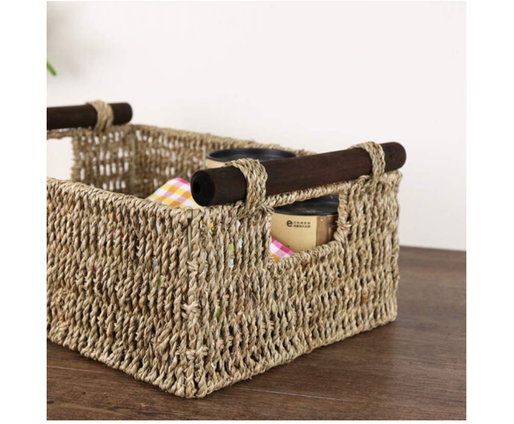 Handmade Straw American Solid Wood Handle Storage Basket - 37x26x16x13.5cm - Coffee Table Organizer, Snack Storage, Home Decor for Living Room & Bedroom