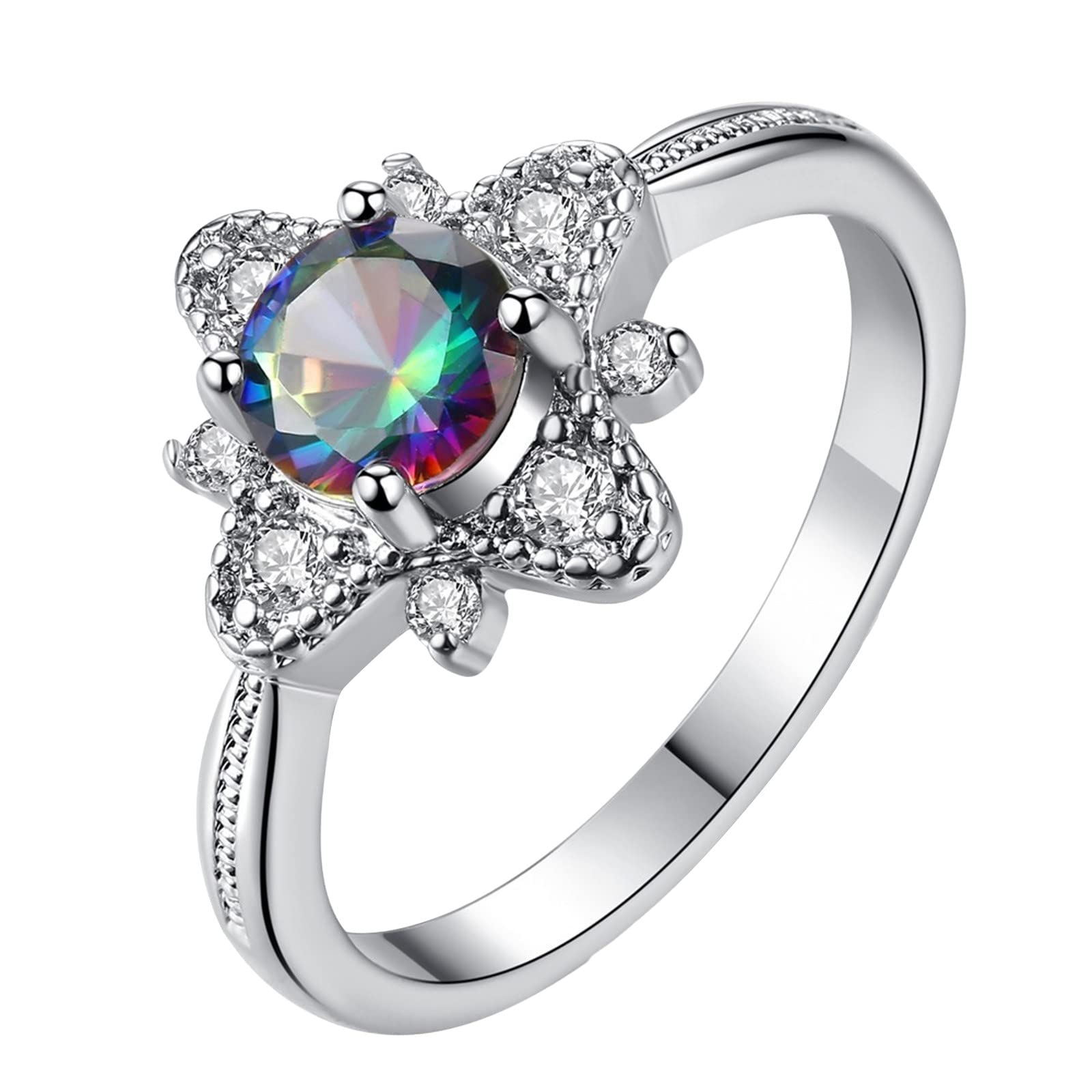 Elegant Women's 7-Color Round Zircon Ring - Fashionable Sterling Silver Jewelry for Party, Wedding & Everyday Wear