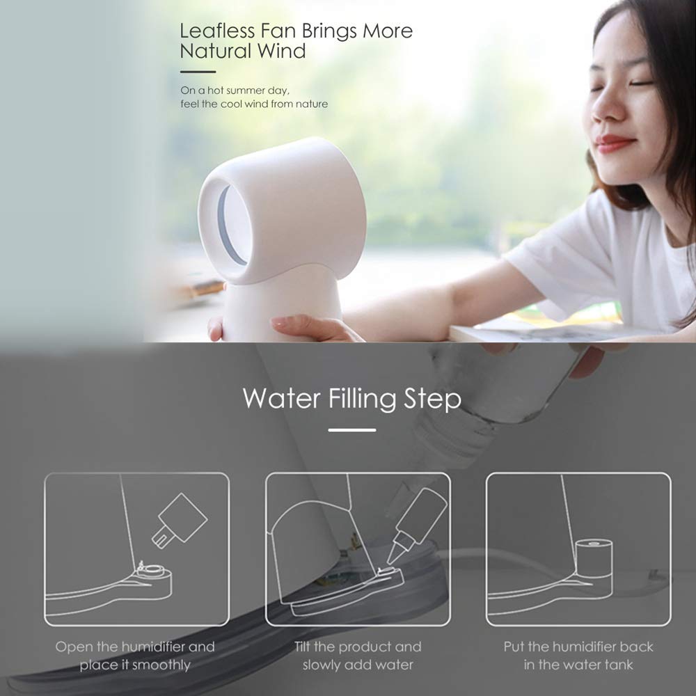 3-in-1 USB Portable Bladeless Desk Fan with LED Light & Humidifier - Quiet Cooling Fan for Home, Office, Baby Room | Gentle Breeze Desktop Air Circulator | Perfect for Workstations, Nightstands and Nursery Spaces (White)