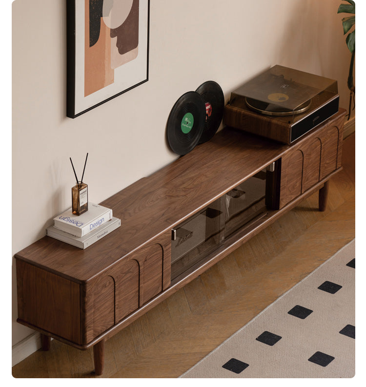 Solid Black Walnut Wood Retro TV Stand with Large Storage | Vintage Entertainment Center for Living Room & Home Theater