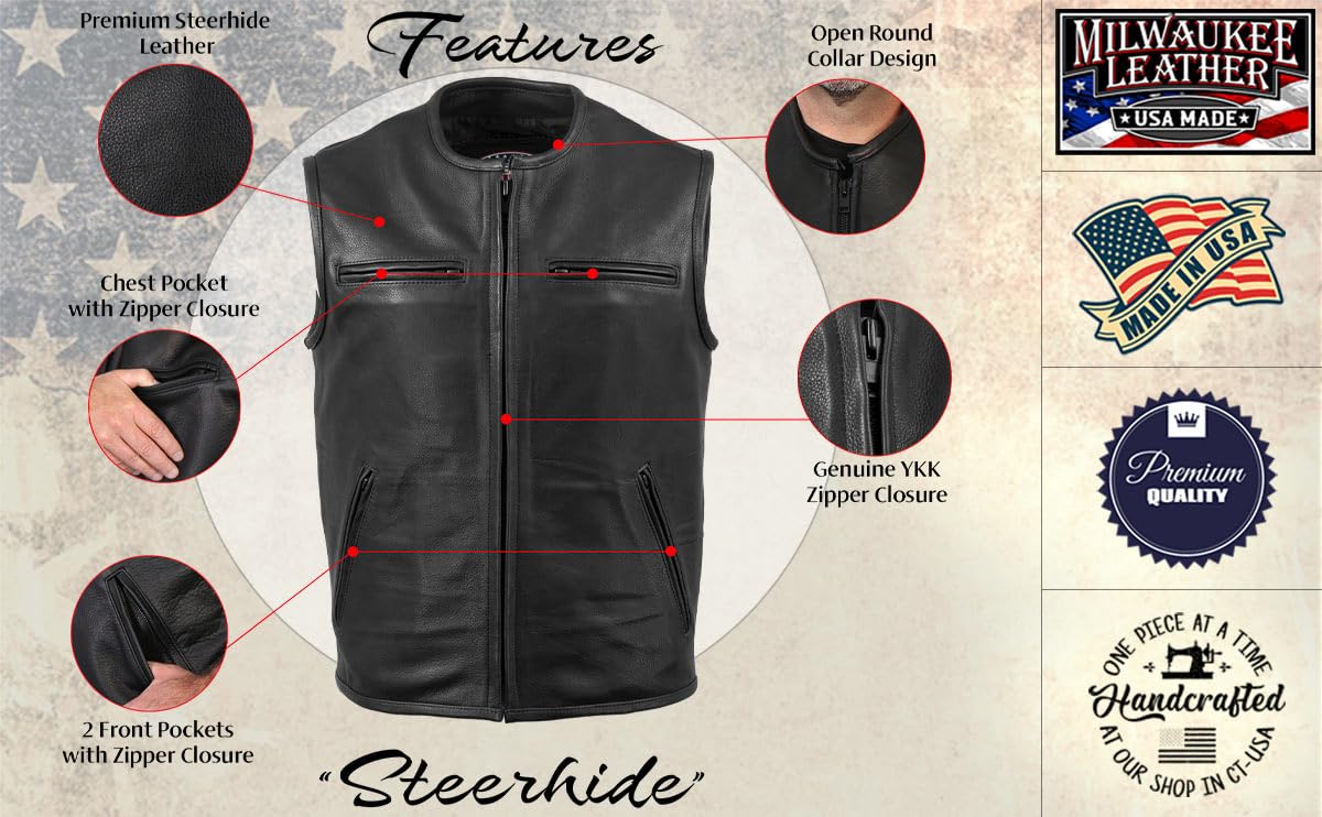 Premium Black Leather Motorcycle Vest for Men - Made in USA by Milwaukee Leather | Durable Biker Rider Vest for Harley, Cruiser & Adventure Riding