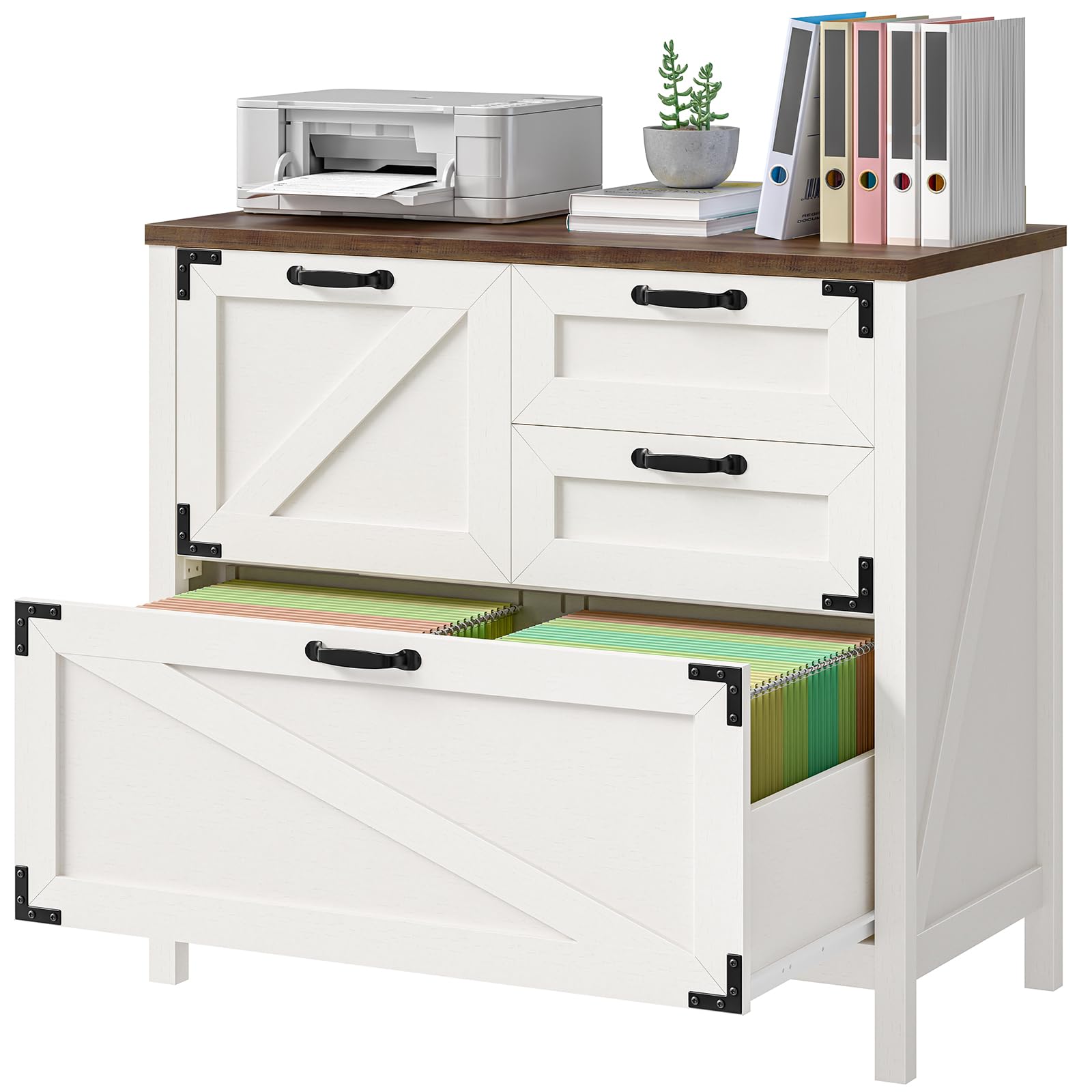 4-Drawer Wood Lateral File Cabinet for Hanging Files - Letter/A4/Legal Size Storage - Farmhouse Style Home Office Furniture with Printer Stand (White & Brown) - Perfect for Organizing Documents in Small Offices, Study Rooms & Workspaces