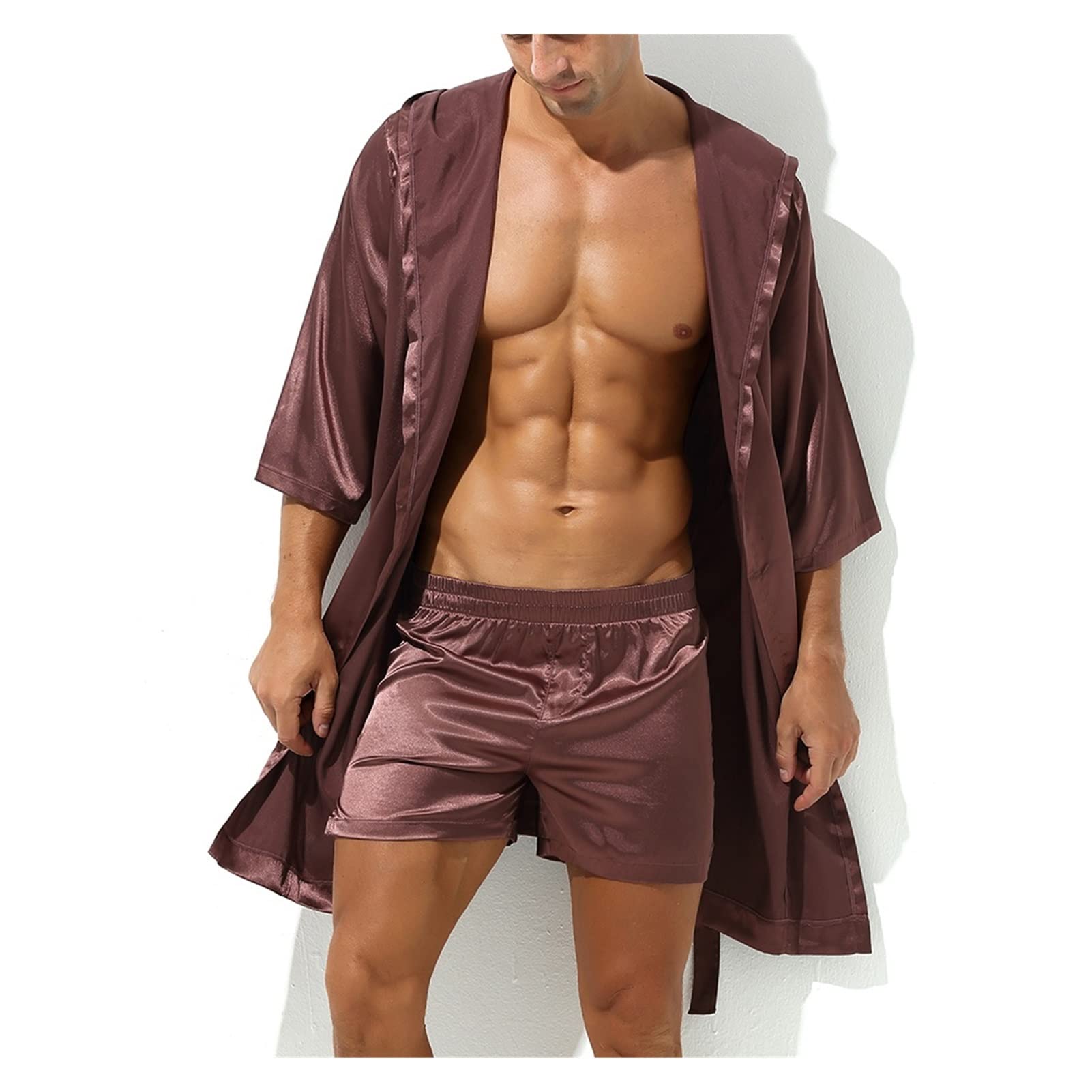 Premium Men's Silk Satin Kimono Robe & Shorts Pajama Set - Breathable Sleepwear, Lounge Wear & Spa Robe for Home Relaxation, Hotel Stay and Vacation Comfort (Color: Blue, Size: Large)