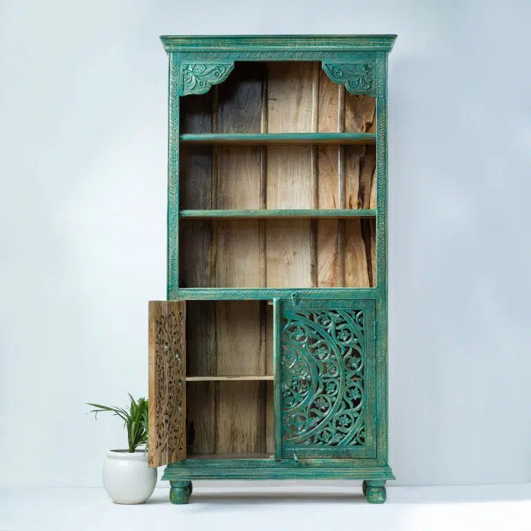 Hand Carved Green Bookcase - 3-Shelf Open Display Cabinet with 2 Doors - Perfect for Living Room, Office & Library Storage