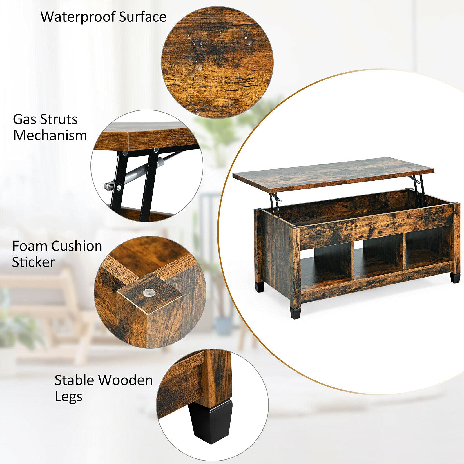 Lift Top Coffee Table with Hidden Storage Compartment & Display Shelves - Rustic Brown Retro Center Table for Living Room, Bedroom, Home & Office - Perfect for Tea Time, Dining, and Extra Storage Space