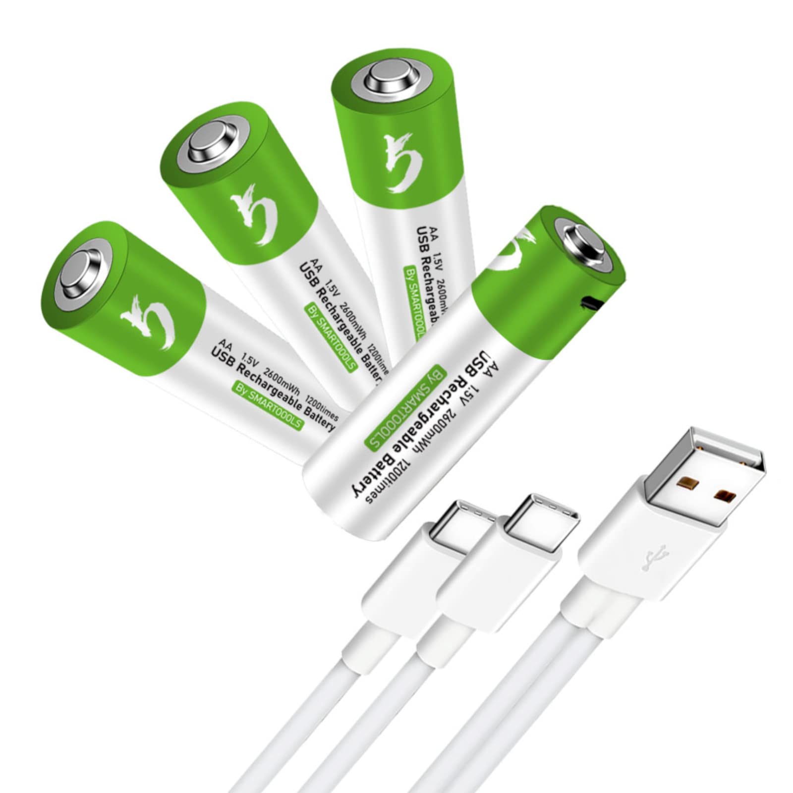 4 Pack Rechargeable AA Lithium Batteries 2600mWh with USB-C Charger - Long Lasting 1.5V Double A Batteries for Cameras, Flashlights, Toys & Electronics - Includes 4-in-1 Type C Charging Cable