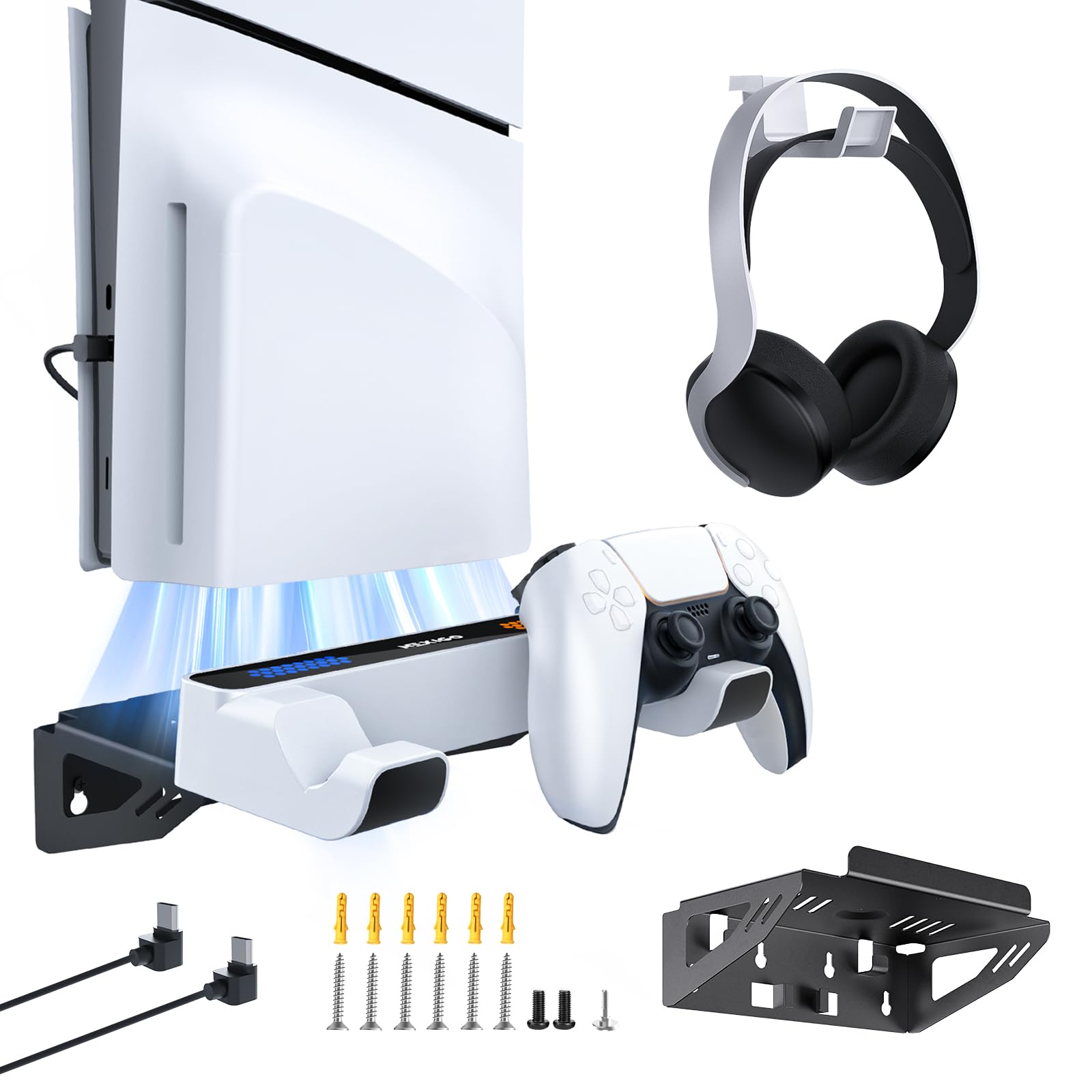 NexiGo PS5 Wall Mount Kit with Charging Station - Compatible with PS5/PS5 Slim/PS5 Pro Consoles & DualSense/Edge Controllers - Sturdy Metal Wall Stand with LED Indicator - Perfect for Gaming Setup & Space Saving Organization