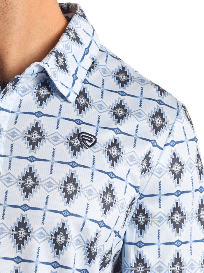Rock & Roll Denim BM51T05992 Men's Aztec Printed Polo Shirt - Baby Blue Casual Wear for Summer Outings & Music Festivals