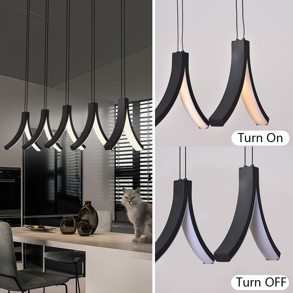 Modern 5-Light Linear Pendant Light Fixture - Dimmable LED Black Hanging Light for Kitchen Island, Dining Room & Living Room | 3000K Warm White | Perfect for Contemporary Home Decor & Restaurant Lighting