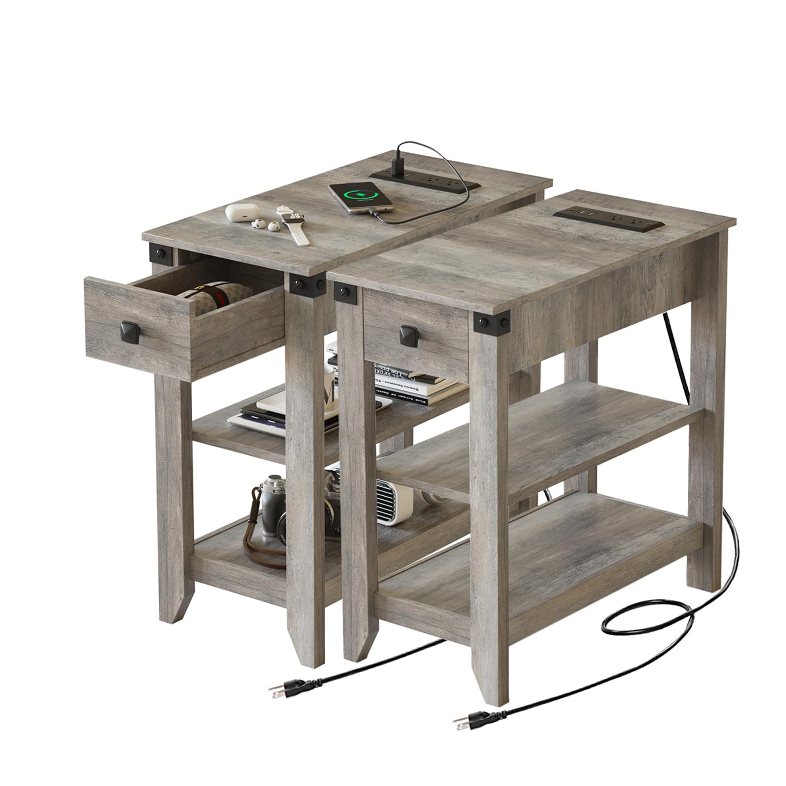 Set of 2 Narrow End Tables with Charging Station & Storage Drawer - Rustic Grey Small Side Tables for Living Room, Bedroom Nightstand - Perfect for Small Spaces, Apartments & Dorm Rooms