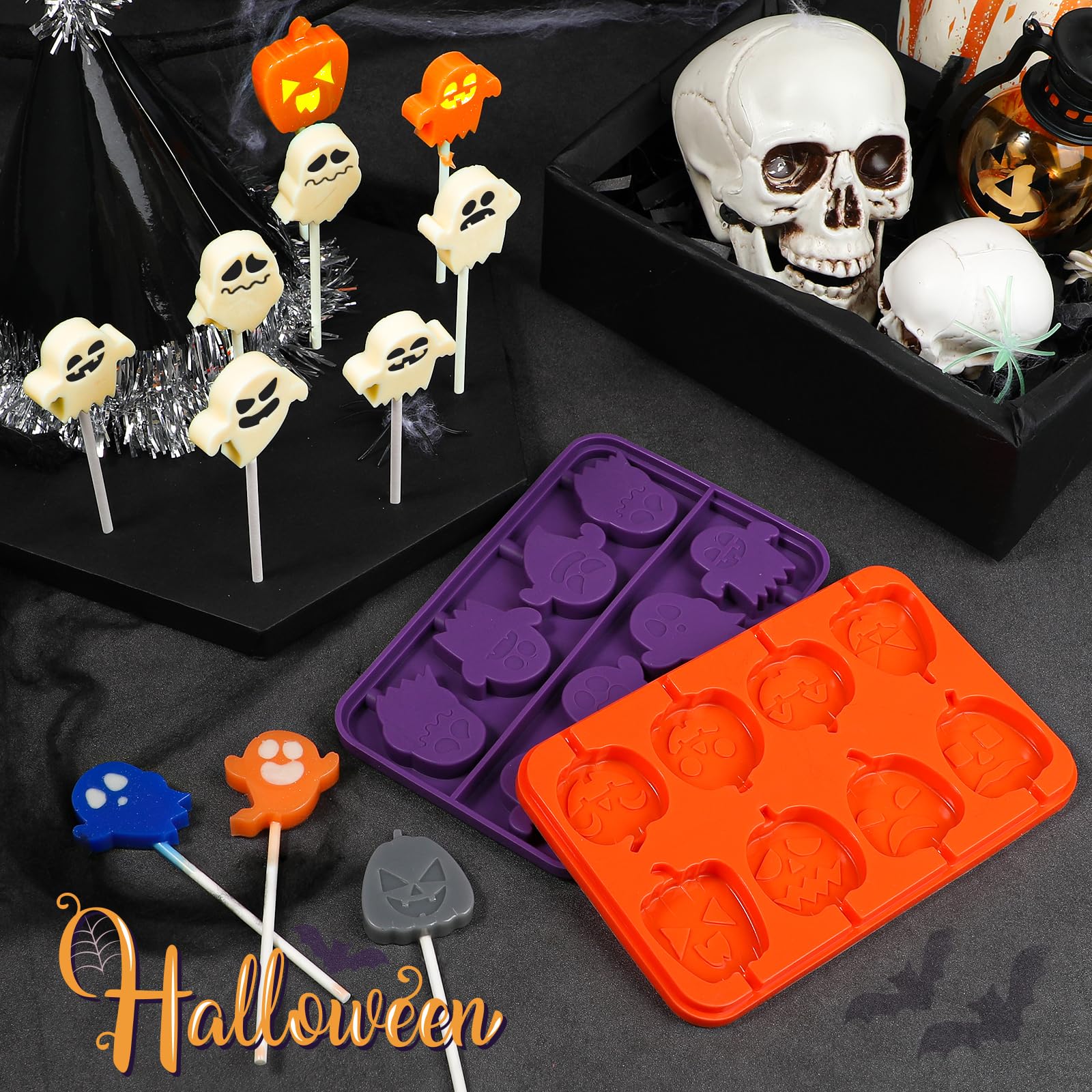 Halloween Silicone Lollipop Molds Set - Pumpkin & Ghost Shaped DIY Candy Chocolate Molds with 100 Paper Sticks for Homemade Treats | Perfect for Halloween Parties, Trick-or-Treat Favors & Holiday Baking