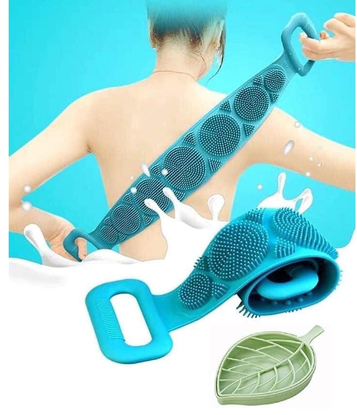 JAYDEV Zone Peach Silicone Bath & Body Brush with Shower Belt & Leaf Soap Stand Dish - Exfoliating Scrubber for Smooth Skin - Perfect for Shower, Spa, and Bathroom Decor (Multi Color)