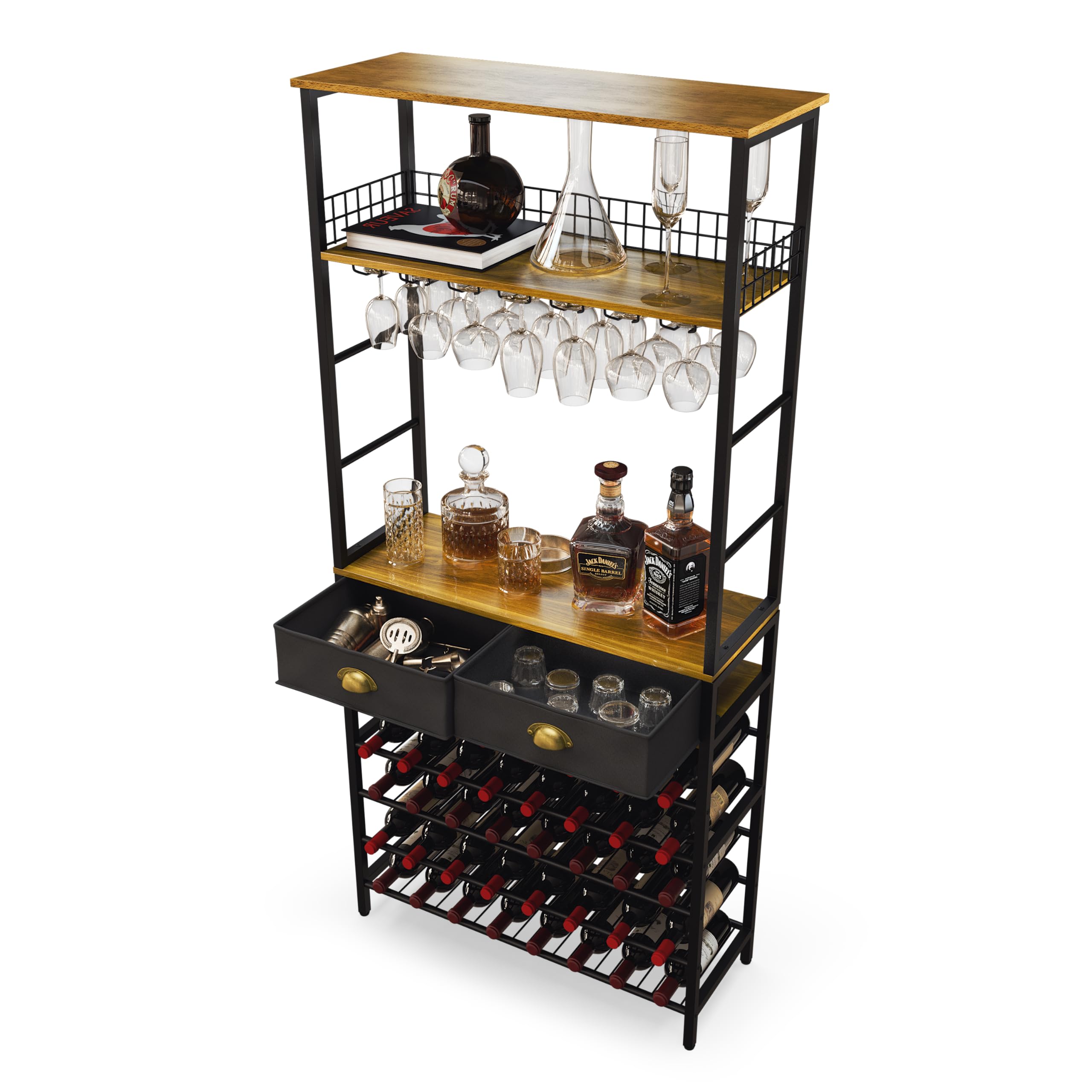Freestanding Wine Rack with Glass Holder & 2 Storage Drawers - Modern Bar Cabinet with Shelves & Tabletop for Home Liquor & Wine Storage - Perfect for Dining Room, Kitchen, or Basement Bar Setup