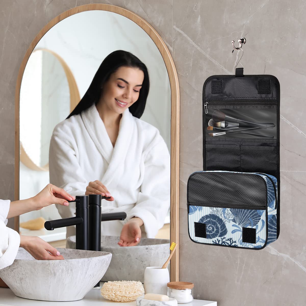 Waterproof Hanging Toiletry Bag with Seashell Design - Travel Makeup Organizer Pouch with Hook for Women & Men - Perfect for Beach Vacations, Camping Trips and Gym Use