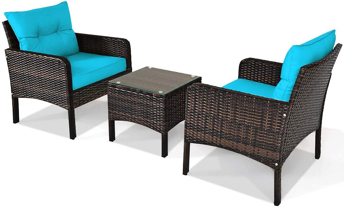 Rainfally 3-Piece All-Weather Wicker Patio Furniture Set with Cushions & Coffee Table - Outdoor Rattan Sofa Conversation Set for Garden, Lawn, Poolside, Backyard (Turquoise) - Perfect for Relaxing, Entertaining & Lounging in Your Outdoor Space