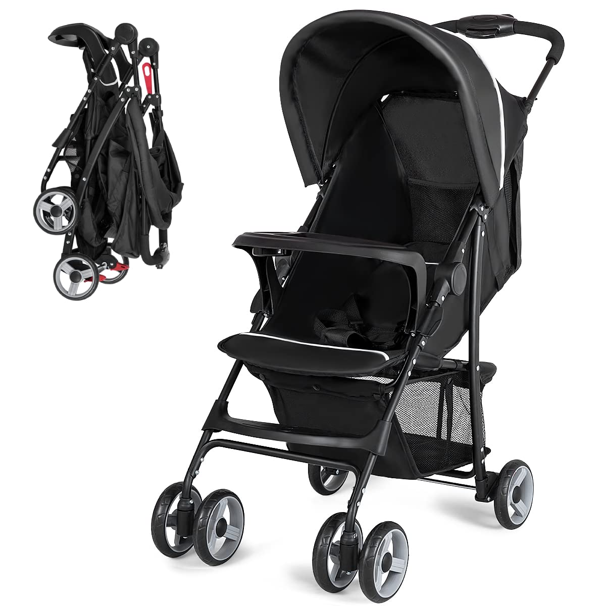 **Baby Joy Lightweight Compact Stroller for Toddlers & Infants - Adjustable Backrest, Footrest & Canopy, 5-Point Safety Harness, Storage Basket, Easy One-Hand Fold - Perfect for Airplane Travel, Shopping & Daily Walks (Black)**