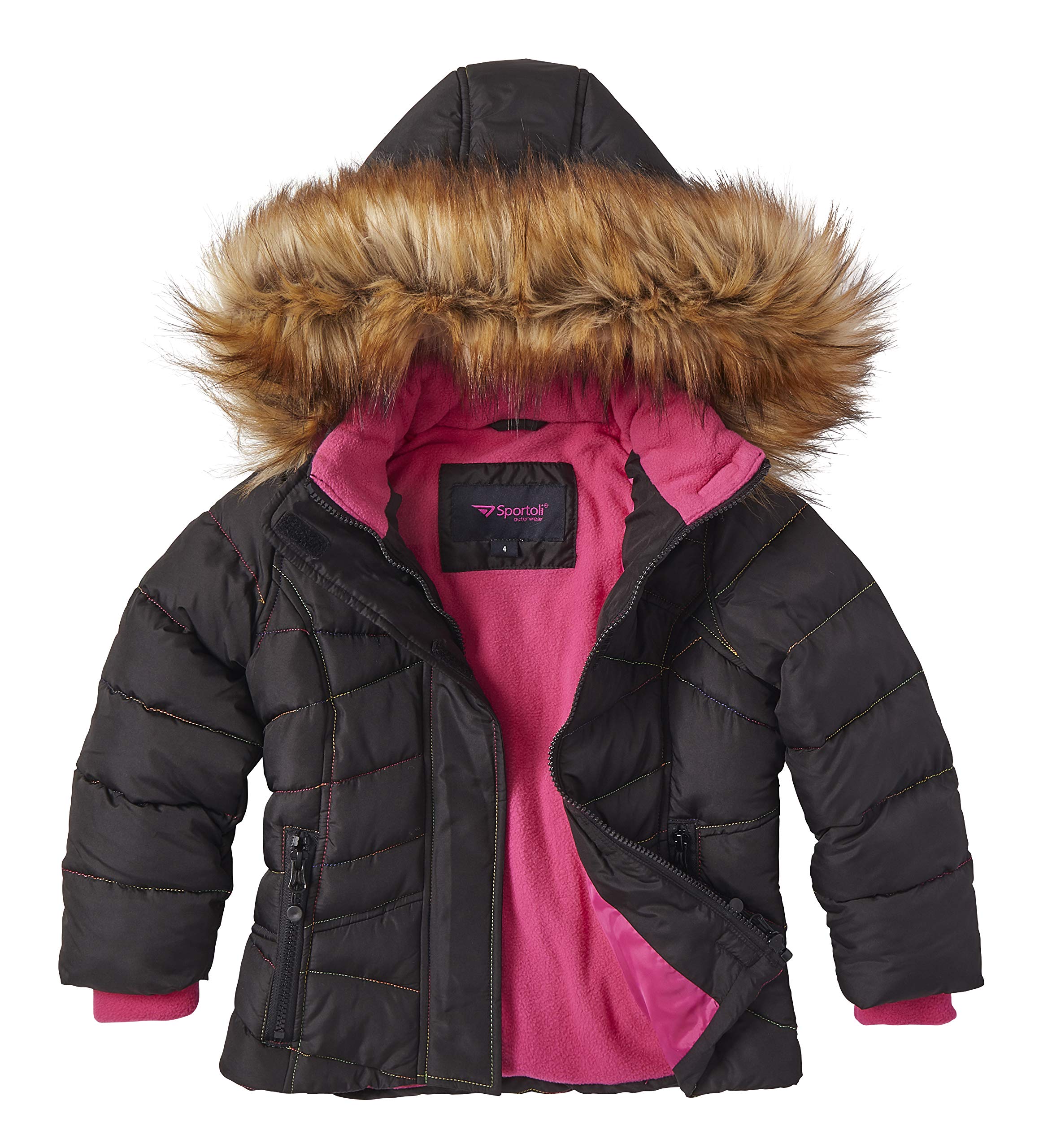 Girls' Colorblock Fleece Lined Winter Puffer Jacket with Detachable Fur Hood - Warm Quilted Coat for Cold Weather, Snow Play & Outdoor Activities