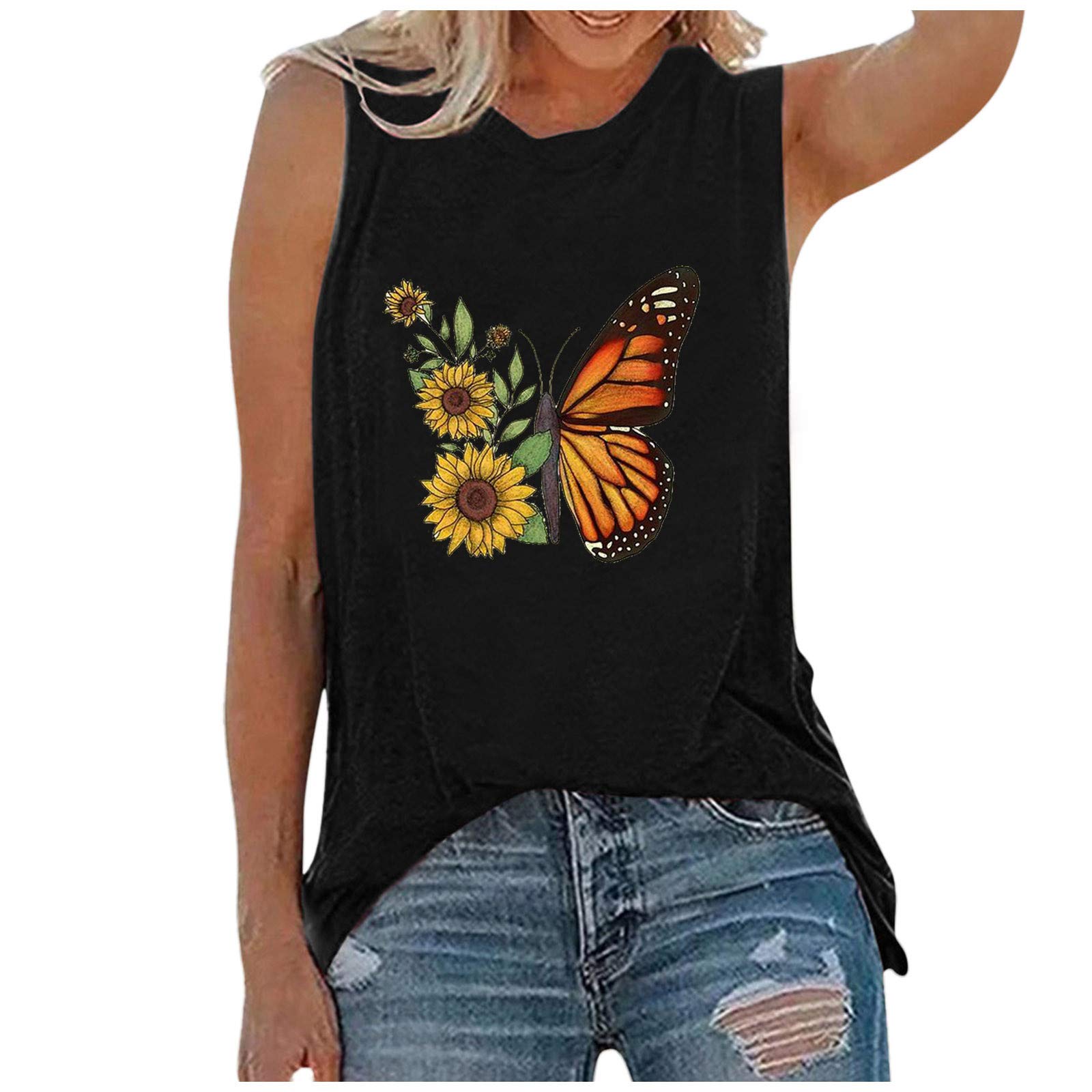 KANGMOON Women's Sunflower Printed Sleeveless Tank Top - Cute Summer Workout Blouse & Casual Tunic Tee for Gym, Yoga, Beach & Everyday Wear