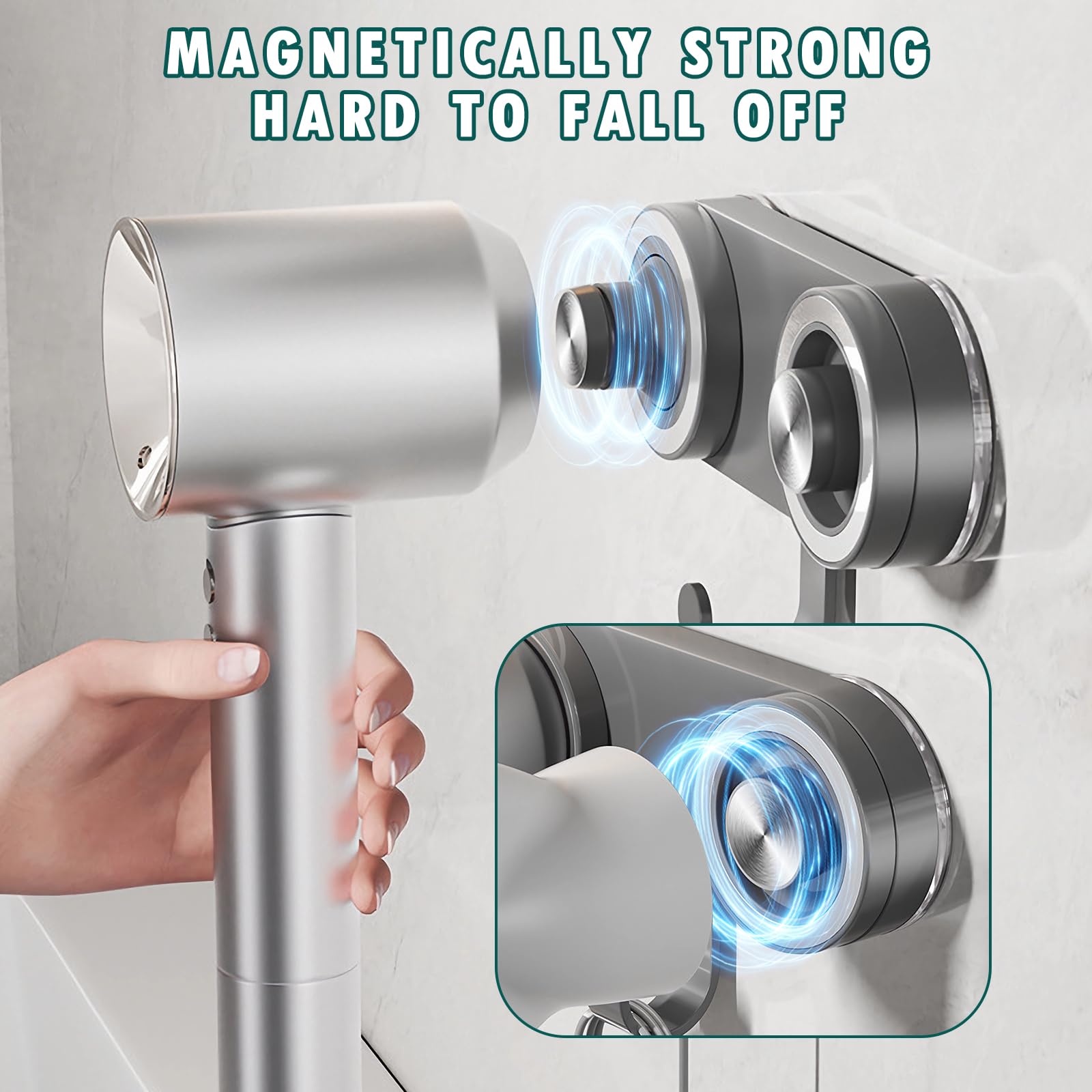 Magnetic Hair Dryer Holder with Suction Cup & Cord Organizer - No Drill Blow Dryer Rack for Dyson, Laifen & Other Hair Dryers - Perfect for Bathroom, Salon & Home Styling Station Organization