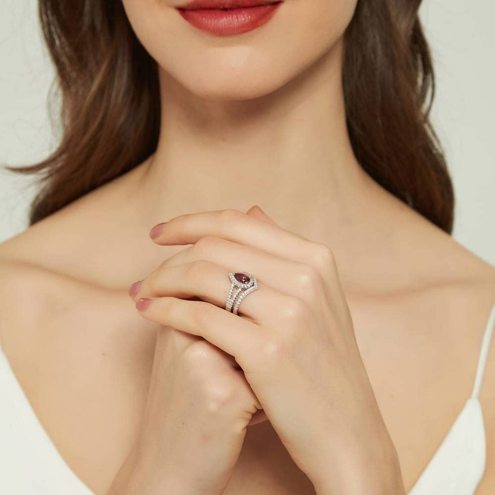 BERRICLE Sterling Silver Halo Wedding & Engagement Ring Set for Women - Red Pear Cut Cubic Zirconia CZ Wishbone Split Shank Design, Rhodium Plated (Size 4-10) | Perfect for Proposals, Anniversaries & Special Occasions