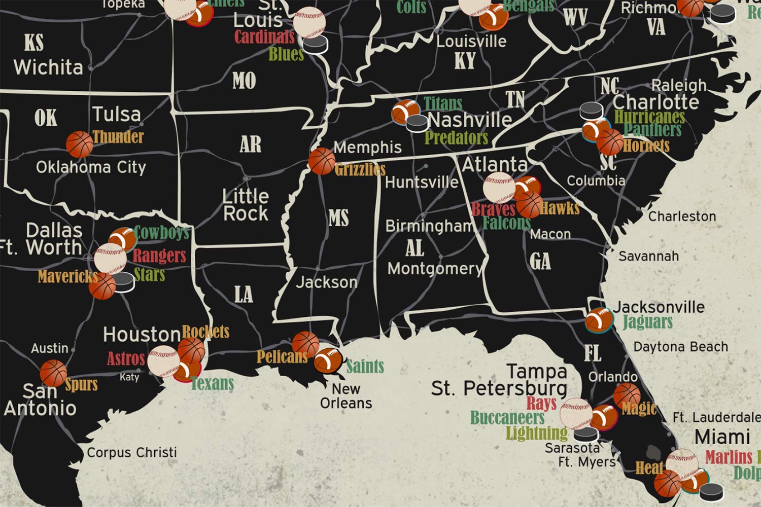 Grand Tour Sports Map - Professional MLB, NFL, NHL & NBA Stadium Locations | Framed Wall Decor with Push Pins | Perfect for Sports Fans, Man Cave & Game Room Decor