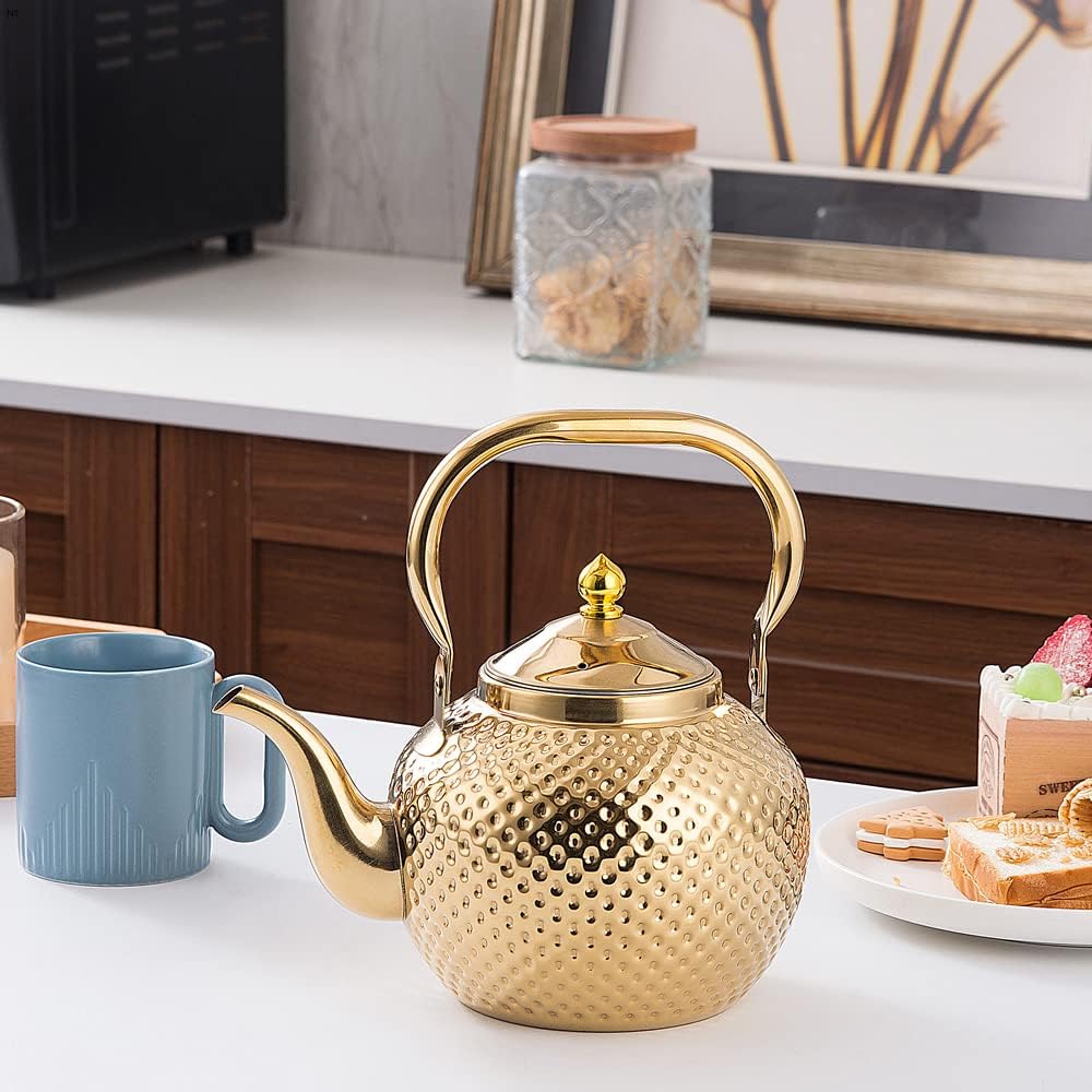 SANQIAHOME 2000ml Stainless Steel Teapot with Infuser - Gold Induction & Gas Stove Compatible Tea Kettle - Perfect for Home, Office, and Tea Ceremonies