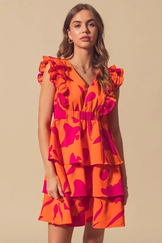 Stylish Orange Layered Resort Dress with Elastic Waist - Perfect for Beach Vacations, Summer Parties & Tropical Getaways