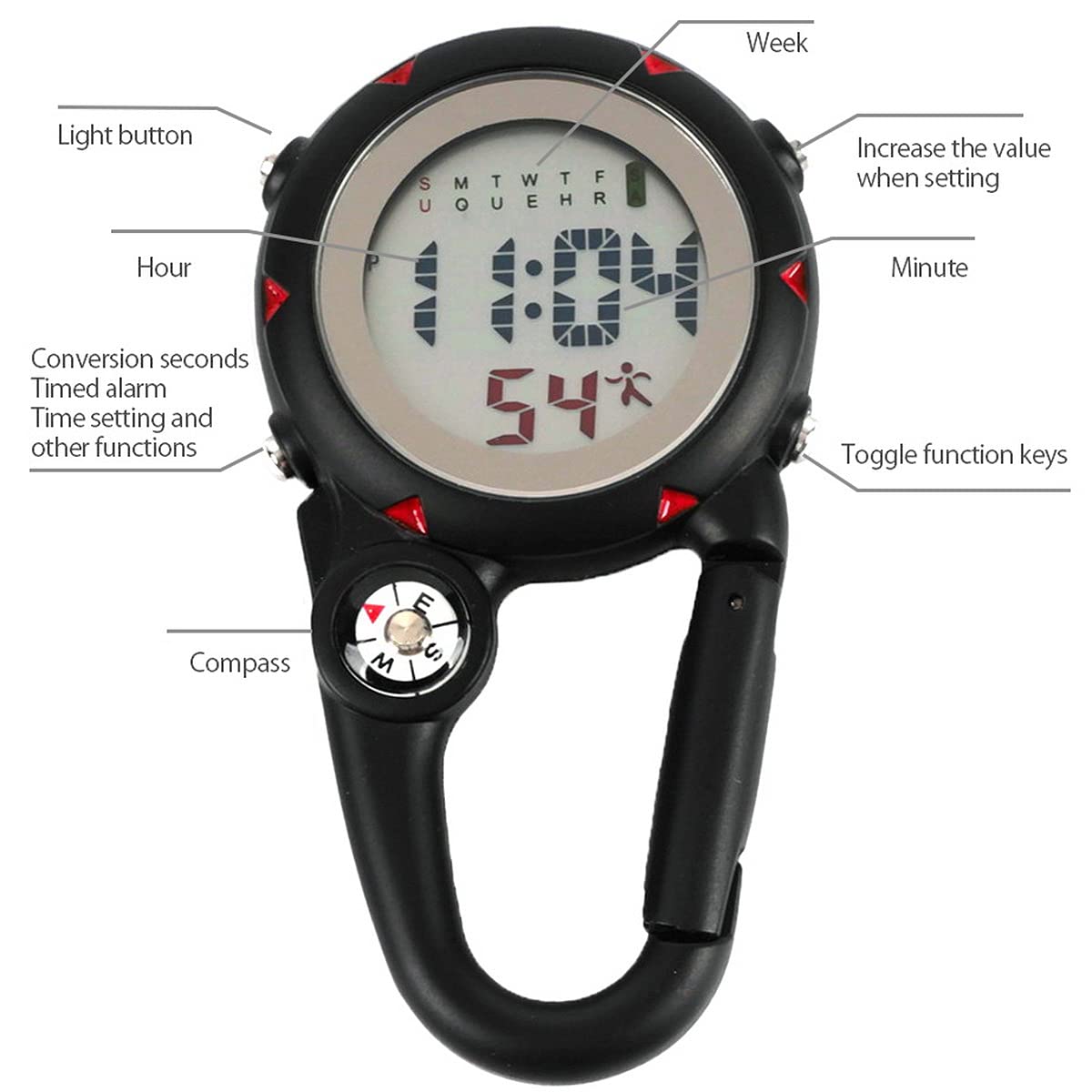 Multifunctional Clip-On Carabiner Watch with Luminous Display & Compass - Mini Quartz Outdoor Watch for Hiking, Climbing, Camping & Survival Gear