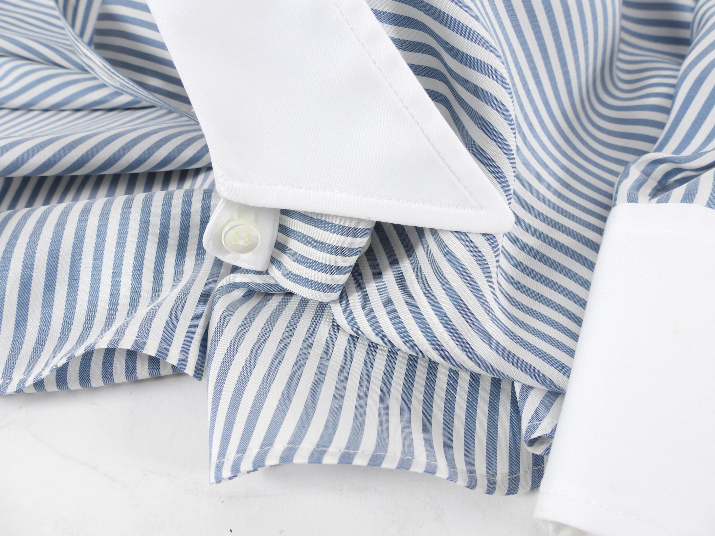 Brunello Cucinelli Men's Blue & White Striped Dress Shirt with French Cuffs - Size M | Premium Cotton Formal Wear for Business & Special Occasions