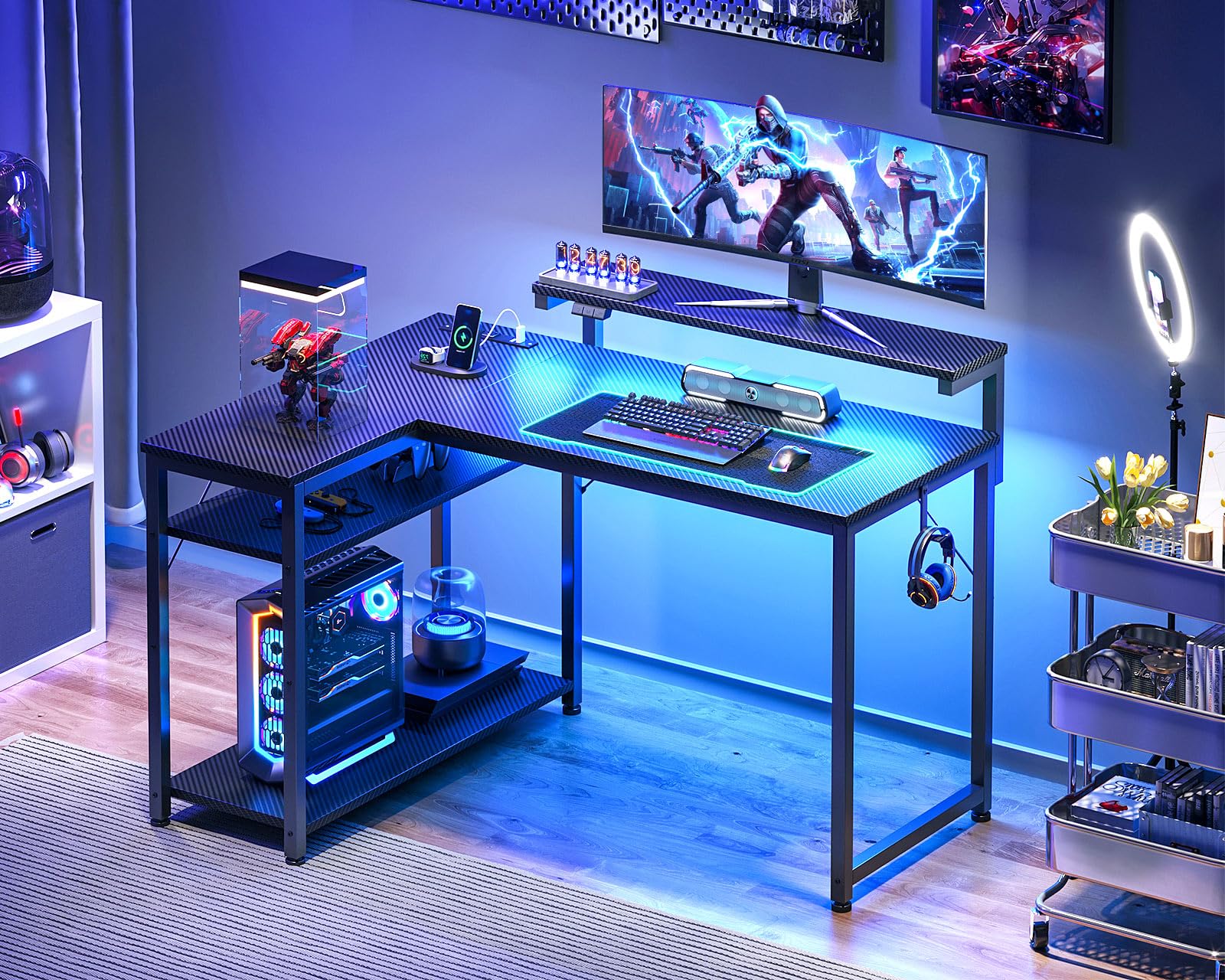 L Shaped Gaming Desk with Power Outlet & LED Lights - 43 Inch Reversible Computer Desk with Adjustable Monitor Stand - Ergonomic Home Office Workstation for PC Gaming & Remote Work (Black)