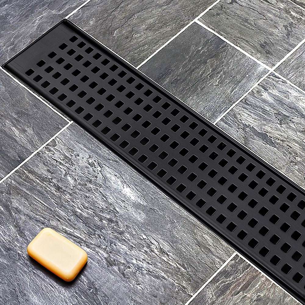 1000mm Black Square Pattern Bathroom Shower Drain Grate with Center Outlet - Floor Waste Drain for Modern Bathrooms & Wet Rooms