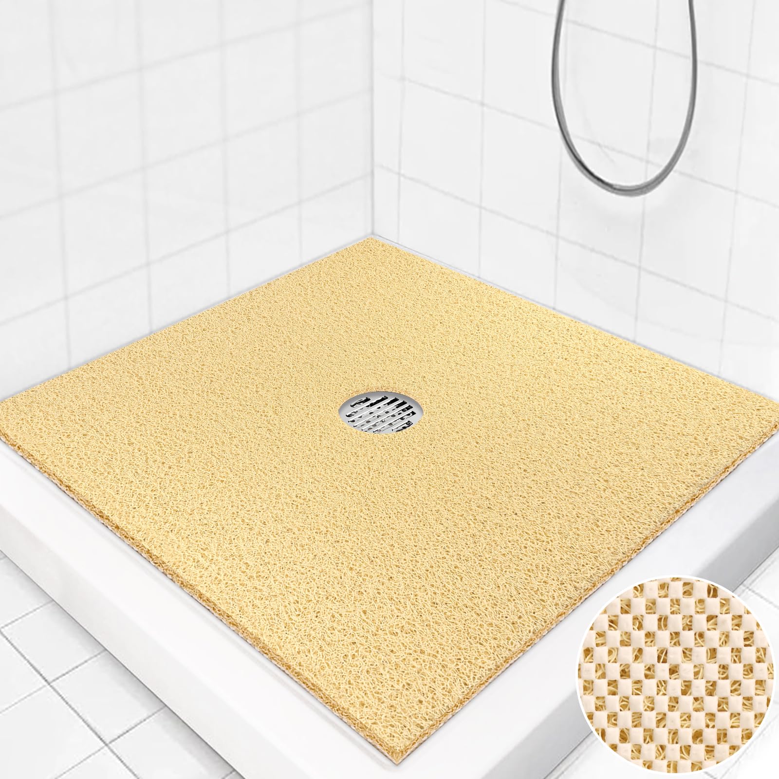 Non-Slip Square Shower Mat 36x36 Inch - Extra Large Loofah Bath Mat for Shower Stall with Drain Hole | Anti-Skid Bathroom Floor Mat for Safety & Comfort | Perfect for Bathrooms, Spa, and Gym Showers