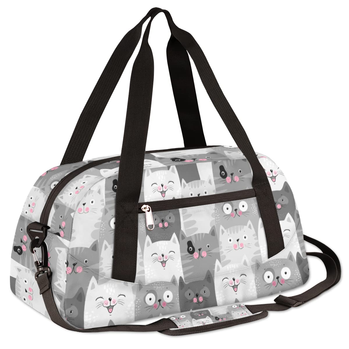 Cat Duffle Bag for Kids - Cute Lightweight Water Resistant Foldable Animal Gym Bag, Grey Dance Weekender Overnight Carry On Travel Bag for School, Sports, Gym, Camping & Beach Trips - Perfect for Sleepovers, Dance Classes, and Weekend Getaways