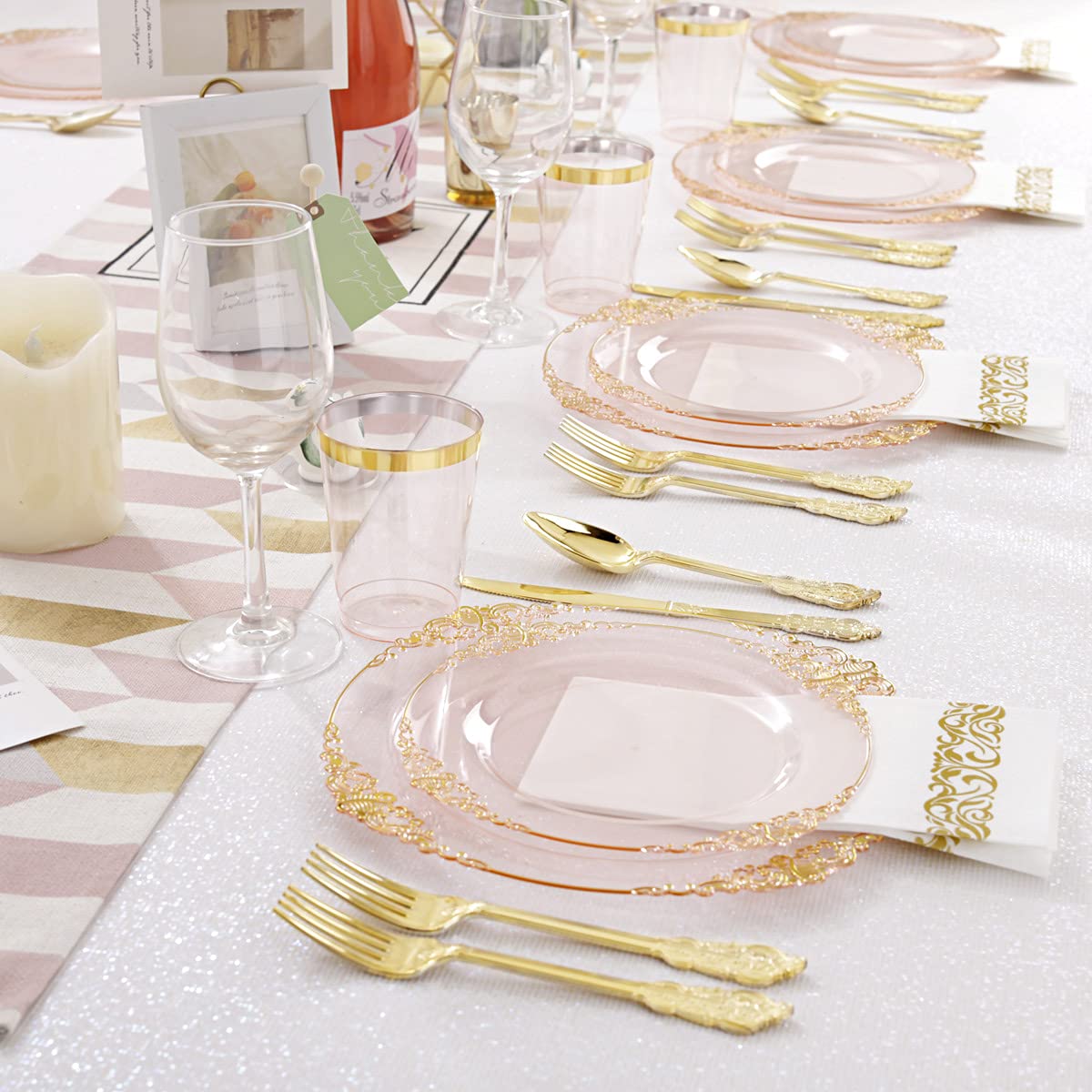 Hioasis 175-Piece Clear Pink Plastic Dinnerware Set - 25 Dinner Plates, 25 Dessert Plates, 25 Knives, 25 Forks, 25 Spoons, 25 Cups & 25 Napkins - Gold & Silver Plastic Cutlery - Perfect for Weddings, Birthday Parties, Baby Showers & Mother's Day Celebrations