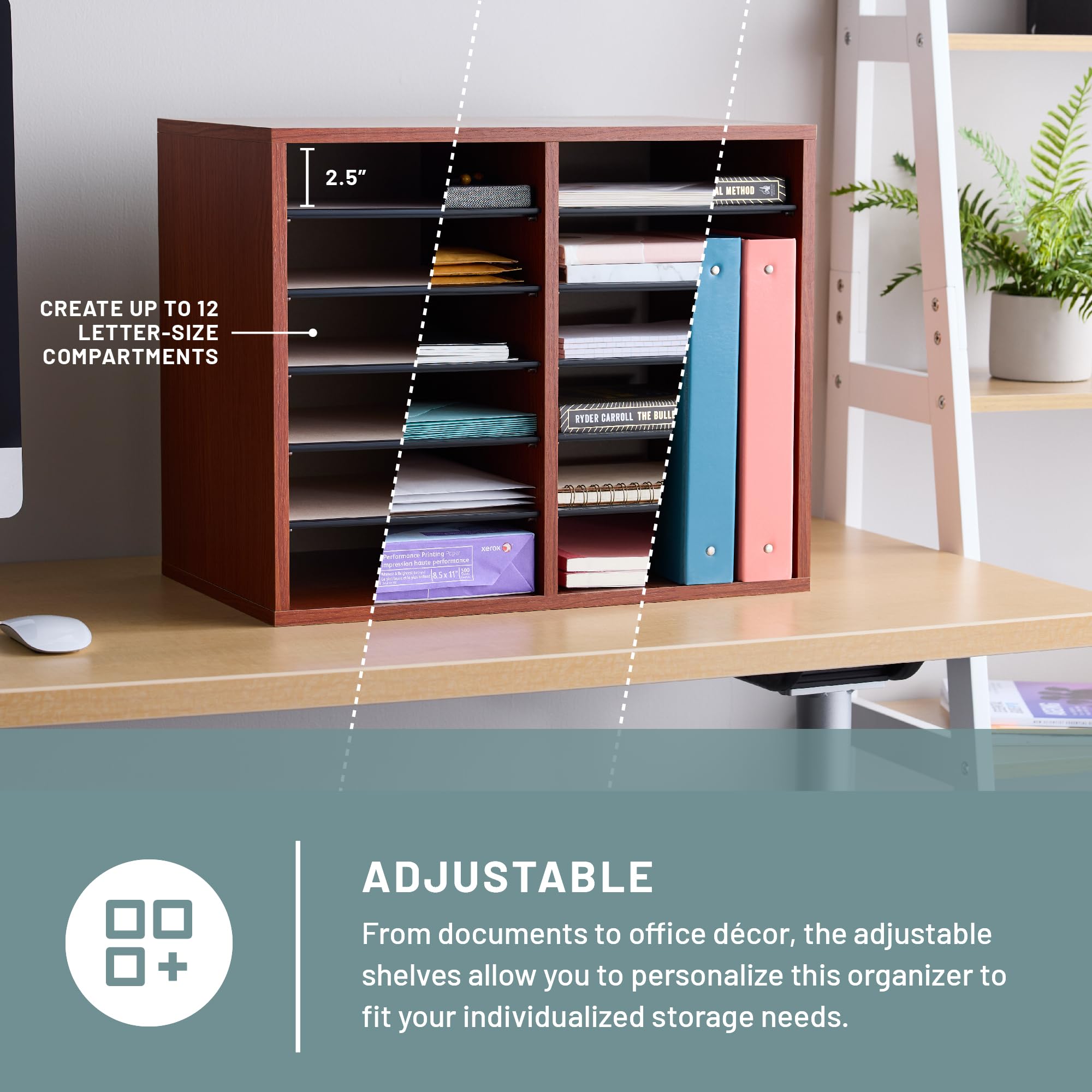 Safco 12-Compartment Literature Organizer - Adjustable Shelf Wood Mail Sorter for Office & Classroom - Cherry Finish - Perfect for Paper Storage, Document Sorting, and Mail Organization