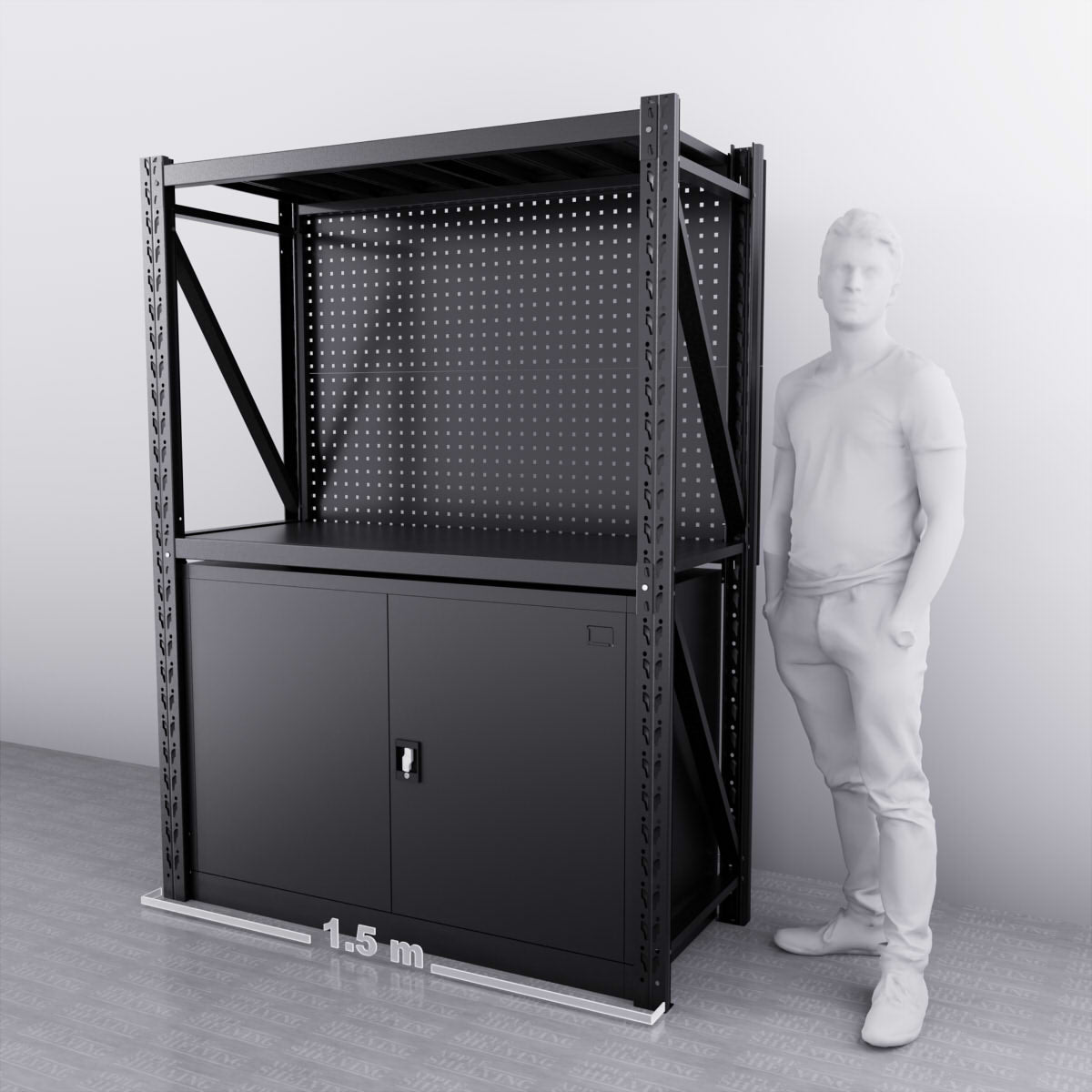 1.5m Steel Pegboard Workbench with Hooks - Heavy Duty Metal Cabinet Organizer for Tools & Accessories - Perfect for Garage, Workshop & DIY Projects