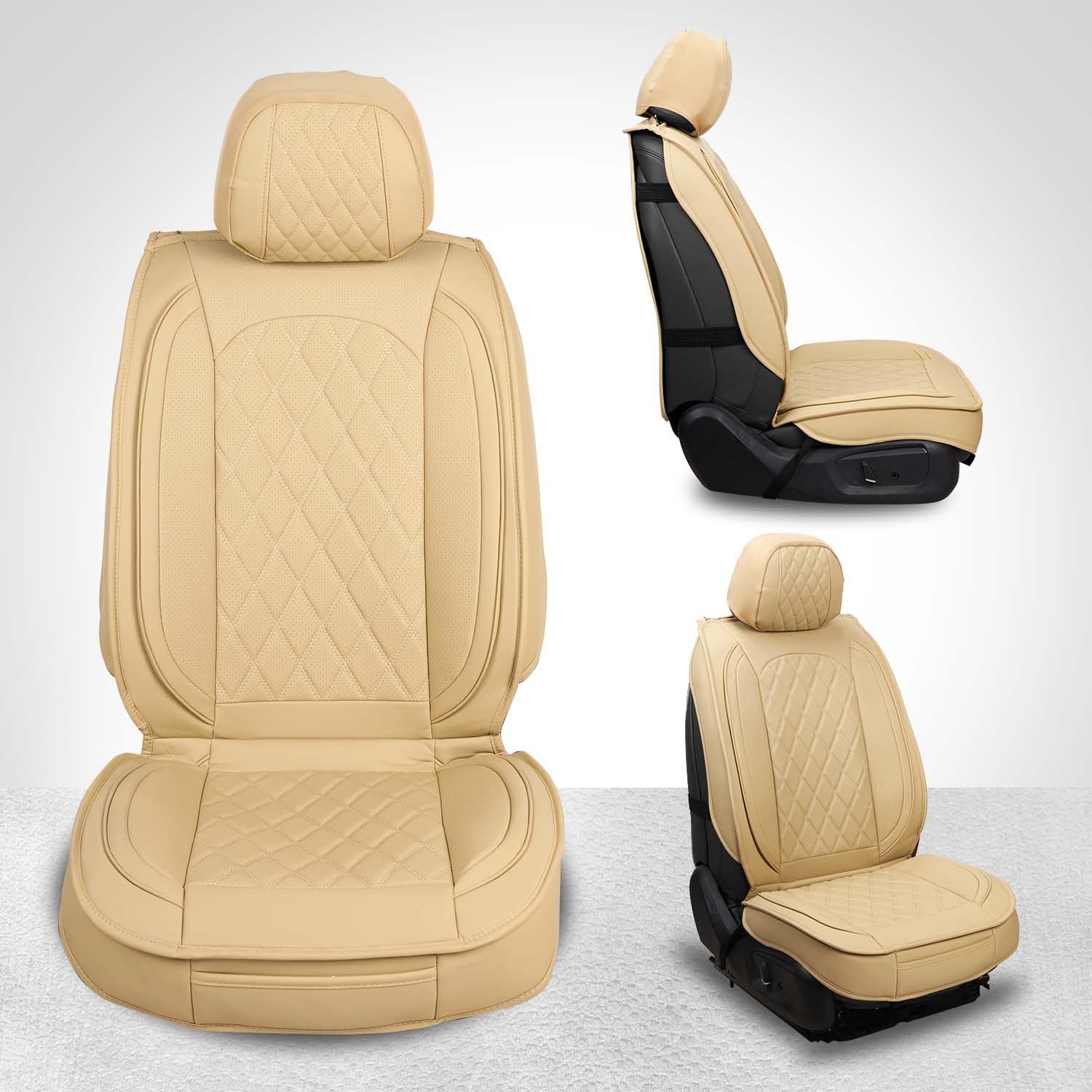 Premium MIROZO Leather Car Seat Covers Full Set - Universal Waterproof Automotive Seat Protectors for Sedan, SUV & Pickup Trucks (Beige) | Perfect for Daily Commute, Road Trips & Family Protection