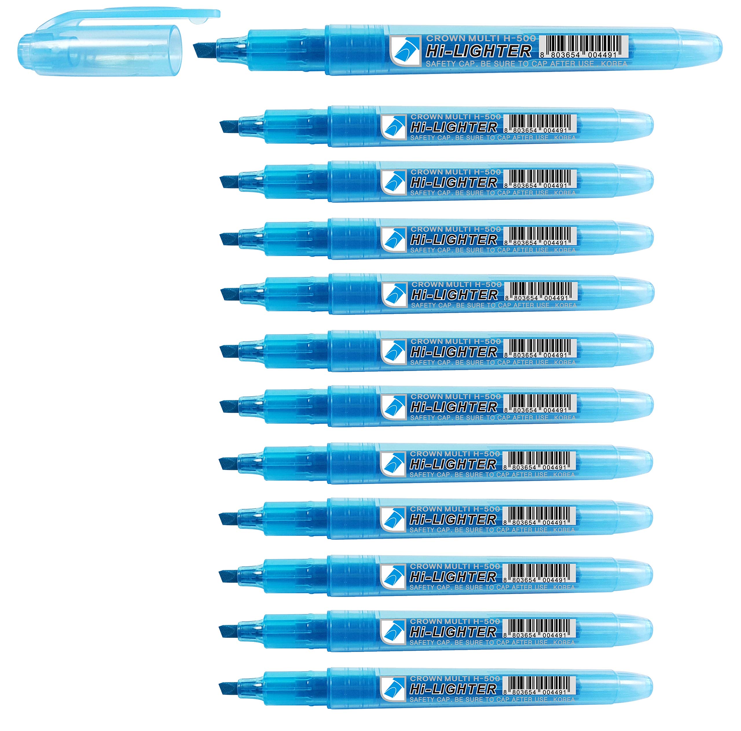 CROWN H-500 Chisel Tip Highlighter Pens - 12 Pack with Bright Fluorescent Ink - Blue - Perfect for Office, School, Note Taking & Bible Study