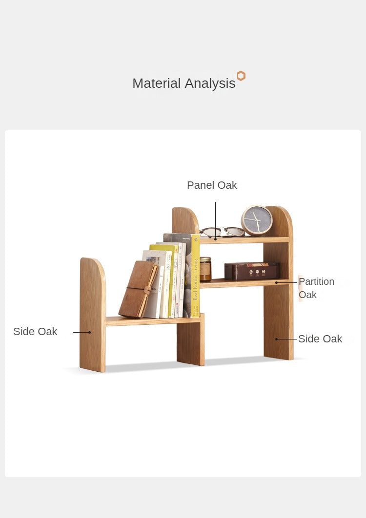 Oak Solid Wood Small Bookcase - Simple Study & Telescopic Organizing Shelf - Nordic Style Home Office & Living Room Storage Solution