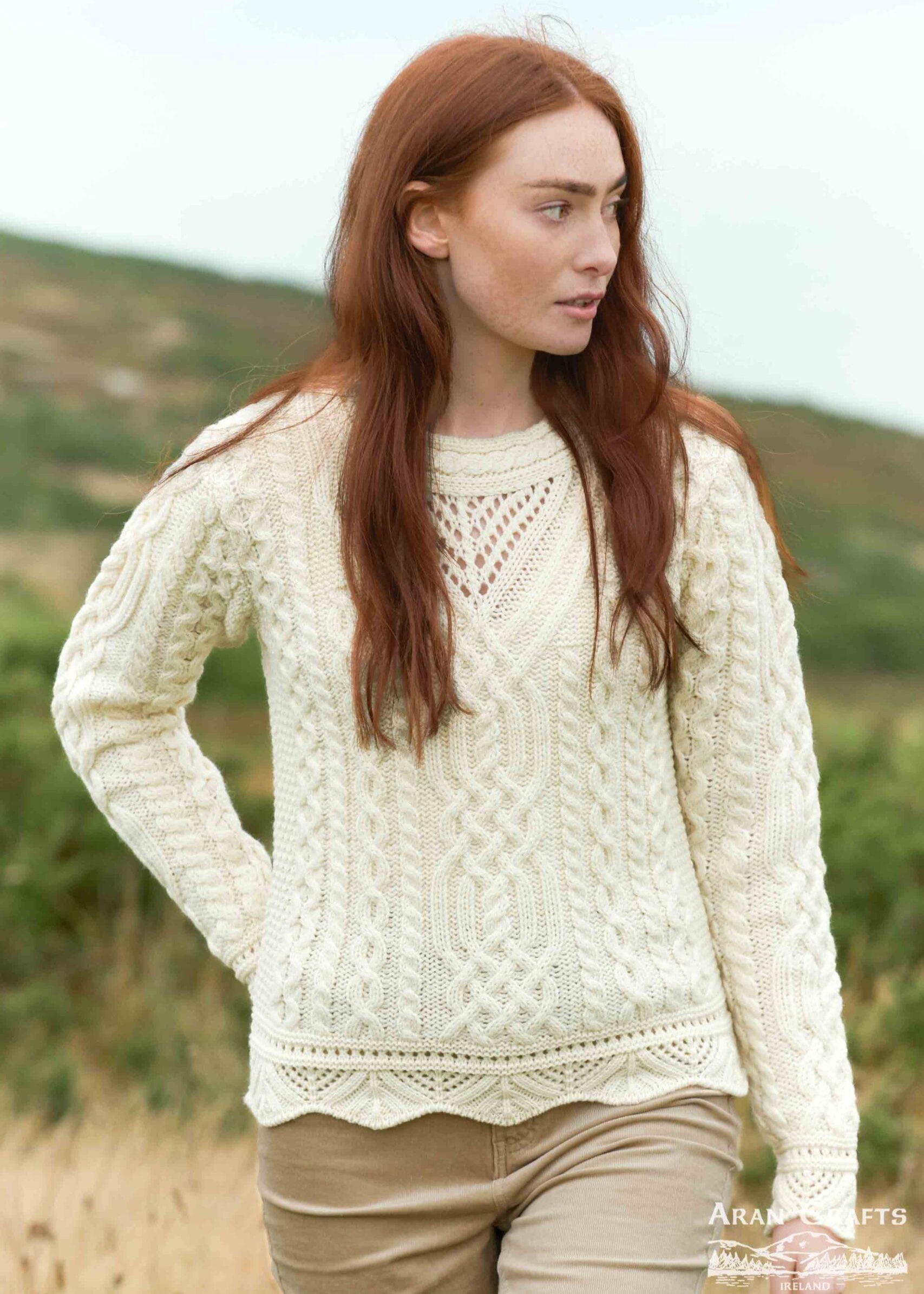 Aran Scallop Lace Stitch Sweater Women's Natural Wool Knitwear | Cozy Winter Pullover for Casual Outfits & Holiday Gatherings