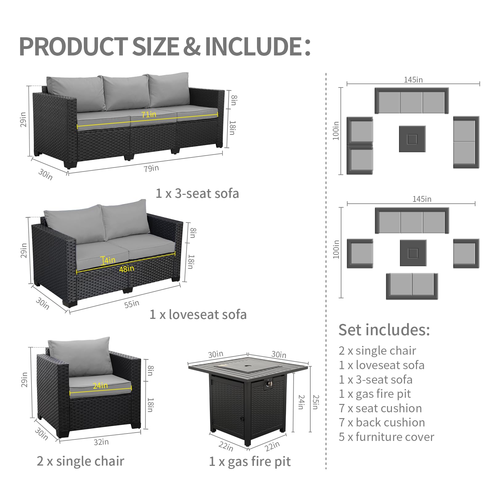 5-Piece Patio Furniture Sectional Sofa Set with 50,000 BTU Propane Fire Pit - Outdoor Wicker Conversation Set with Square Steel Table, Grill Top & Non-Slip Cushions - Perfect for Backyard, Deck or Poolside Gatherings (Light Grey)