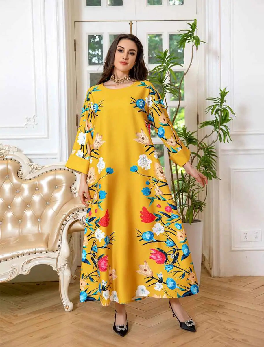 Elegant Eid Dress for Women - Arab Printed Kaftan Caftan Abaya Dress with Long Sleeves - Perfect for Eid Celebrations, Weddings & Special Occasions
